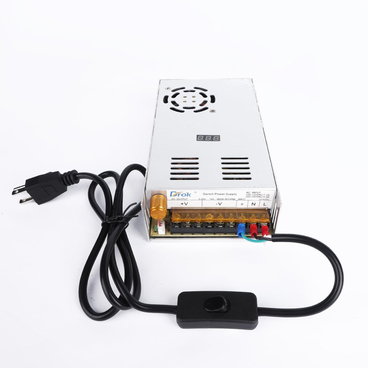 DROK 4FT Power Cable 3 Prong Grounding Plug, AC Power Cord Extension Cord with Switch On/Off and Fork Terminal Connectors, AC/DC Adapter 18 AWG for Electrical Testing, AC to DC Converter 110V to 12V