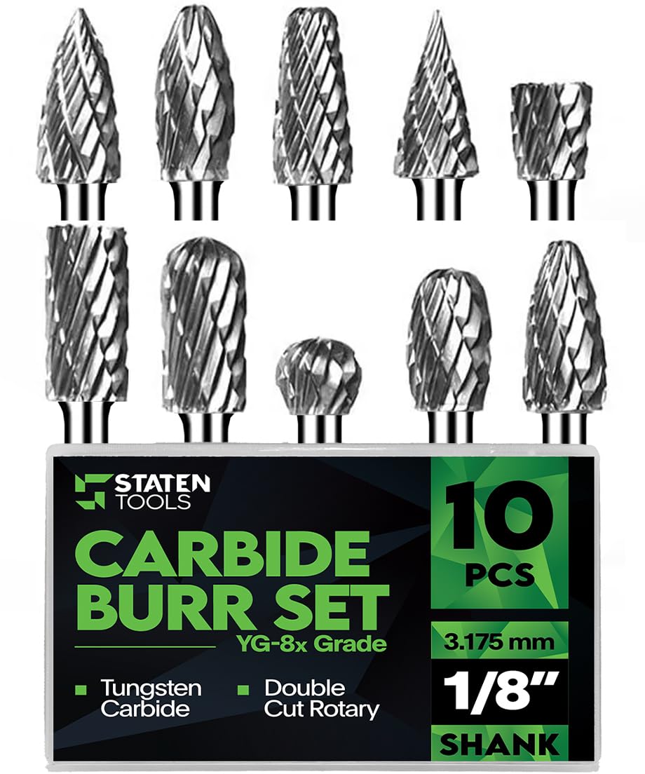 1/8" Carbide Burr Set – 10 Pcs Double Cut Die Grinder Bits for Milling, Carving, Engraving, Drilling Wood & Metals – YG-8x Carbide Drill Bit Set for Rotary Tools & Die Grinders