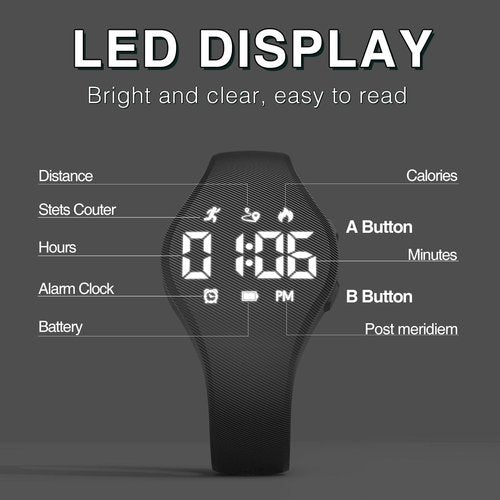Focwony Kids Led Digtial Fitness Tracker Watch for Ages 5-15, No App Waterproof Wristwatch, with Pedometer Step Counter Alarm Clock, for Children Goys Girls Teens (Black)