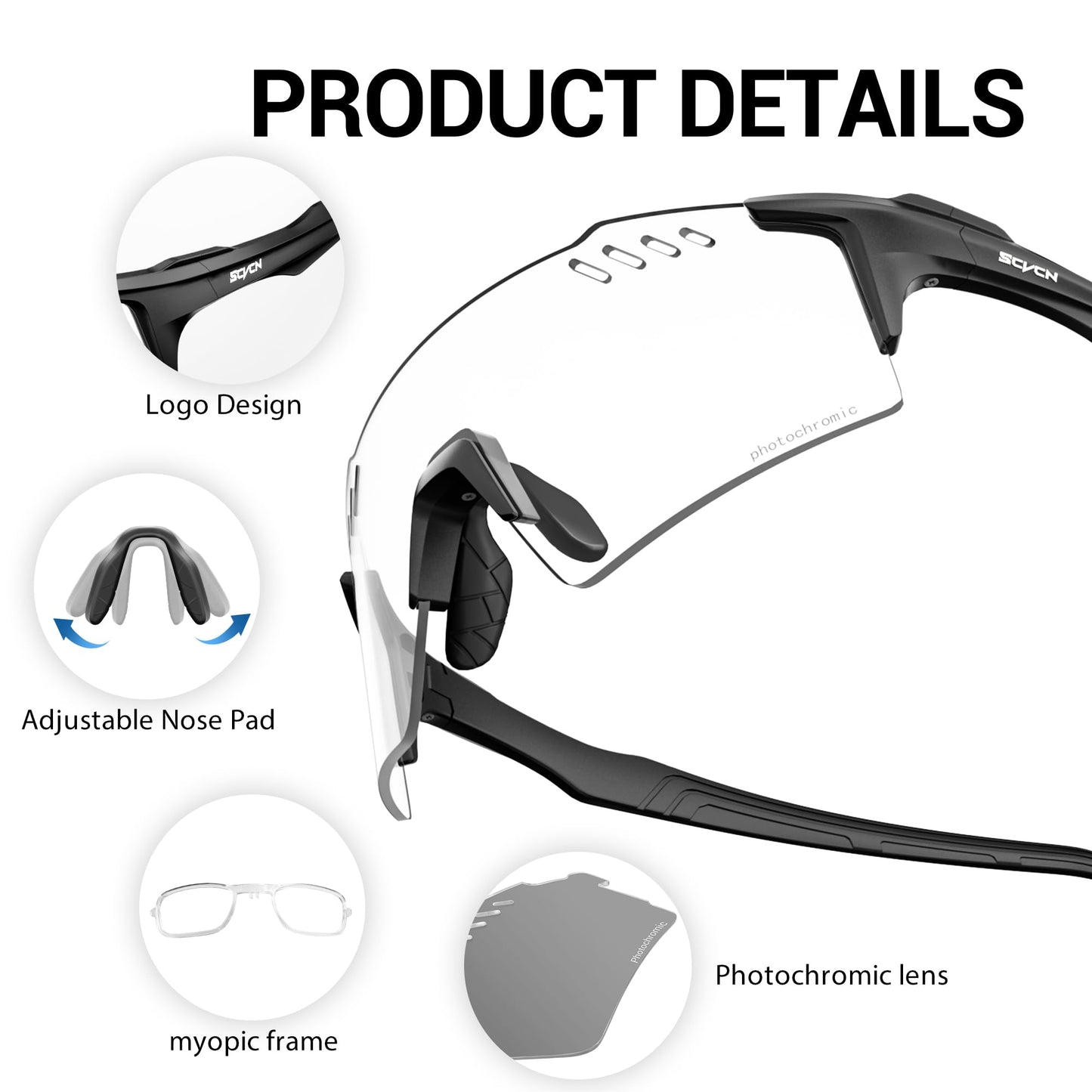 SCVCN Photochromic Cycling Glasses UV400 Protection for Women Men Cycling Glasses TR90 Frame MTB Running Mountain Bike Glasses Riding Baseball Bicycle Driving 01 Black