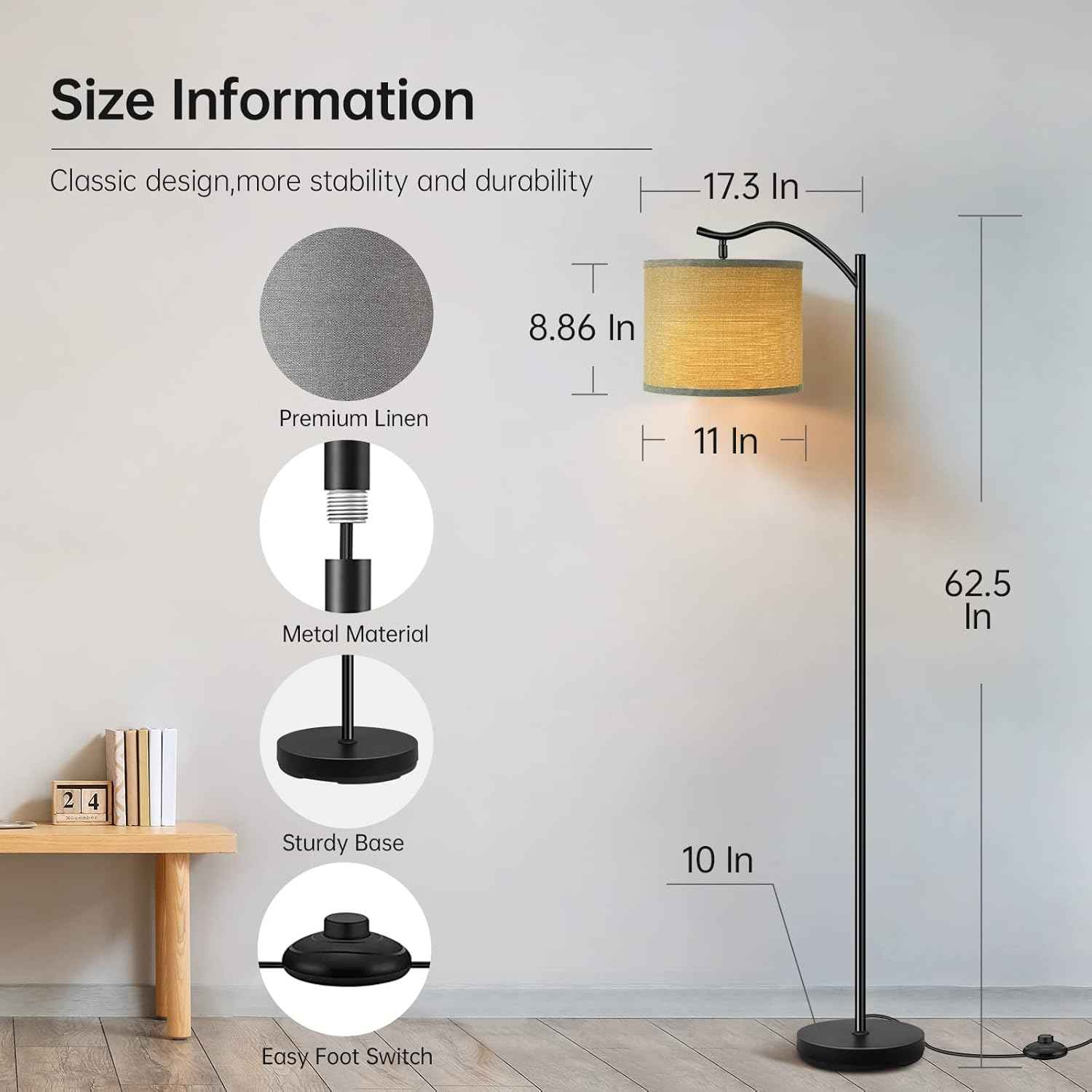 Modern LED Floor Lamp with Bohemian Linen Shade – Arched Tall Standing Light for Living Room & Bedroom