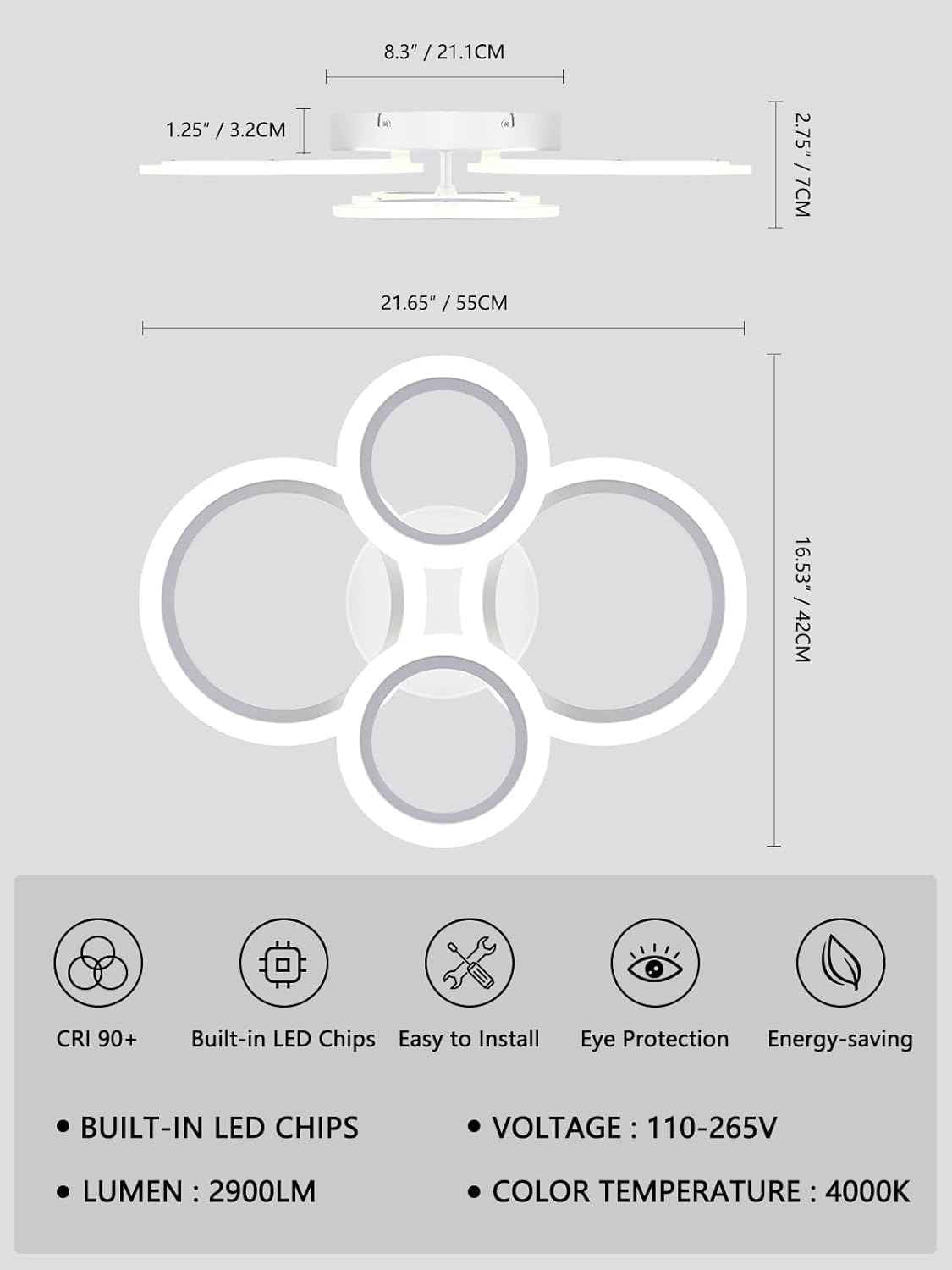 Modern LED Flush Mount Ceiling Light - 4 Rings 4000K Fixture for Kitchen & Living Room