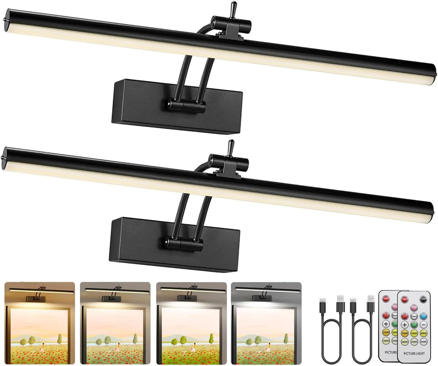 Wireless Battery Operated Picture Lights - 2 Pack, 16 Inch Dimmable Art Lighting with Remote, 6 Color Options - Perfect for Paintings and Gallery Displays