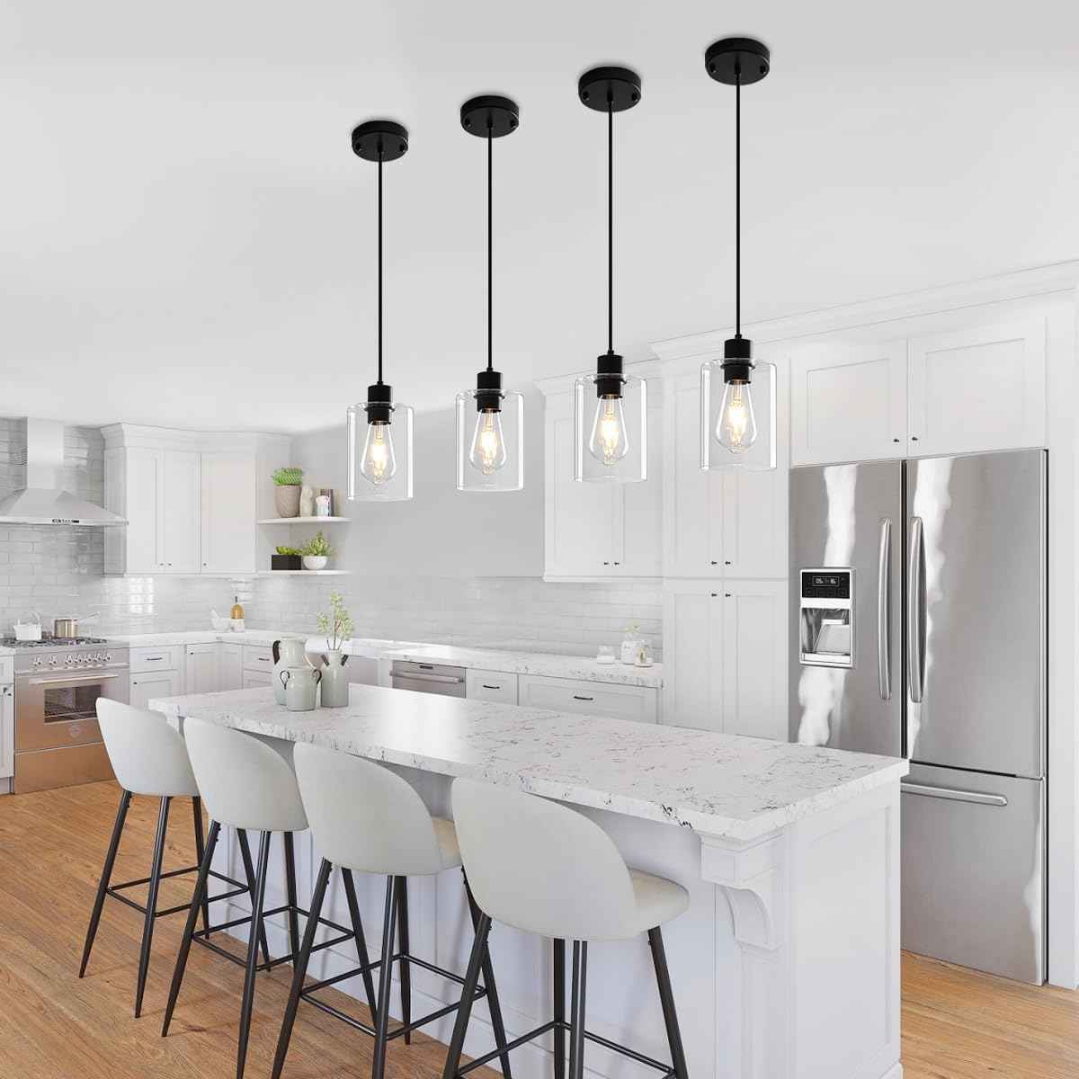 Modern Black Pendant Lights for Kitchen Island - 3 Pack Glass Hanging Fixtures