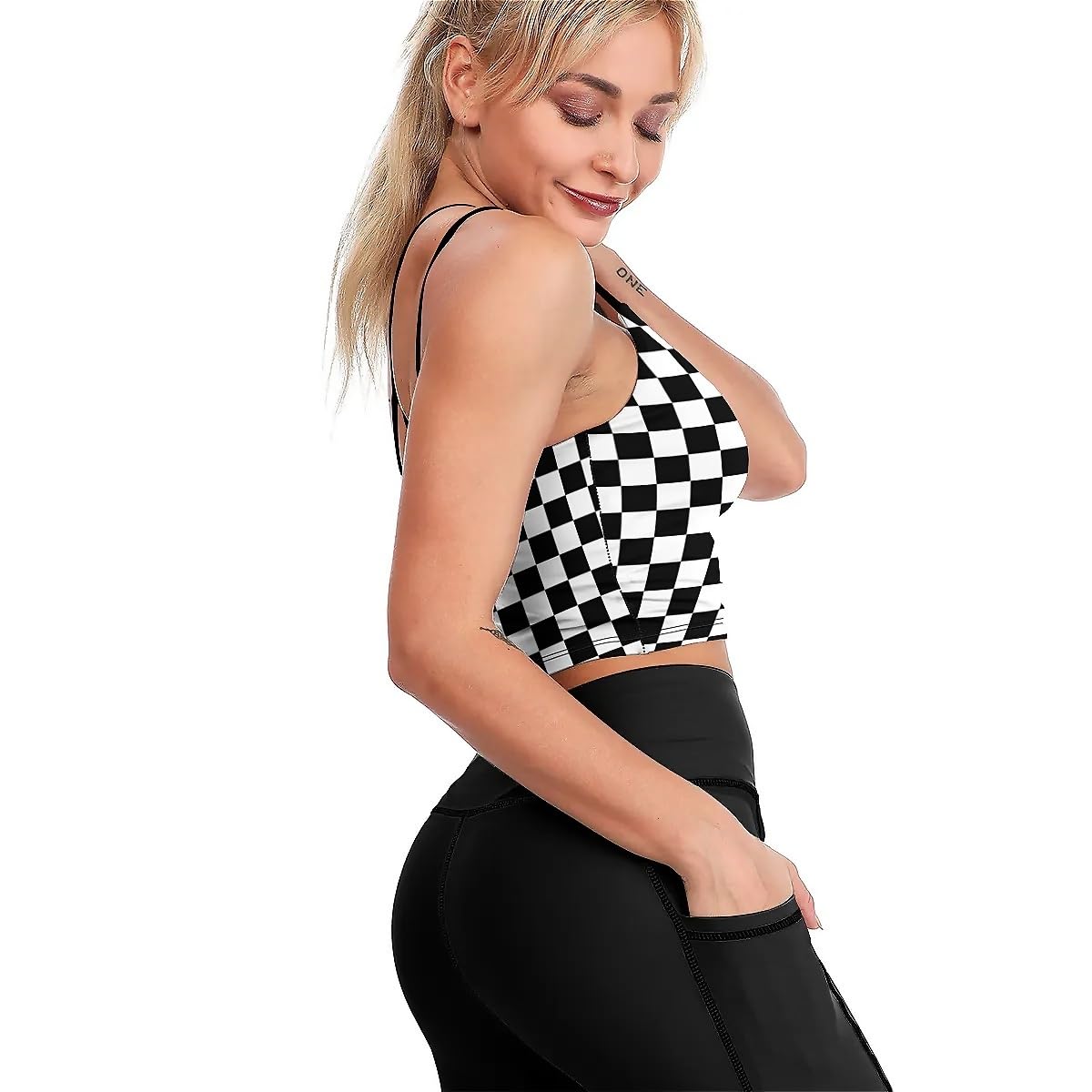 Black White Race Checkered Flag High Impact Sports Bras for Women Longline Padded Workout Running Crop Tops Support Yoga Tank Tops M