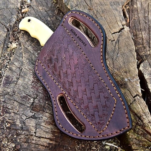 SUSA KNIVES 1095 Steel Hawkbill Fixed Blade Knife STEEL BONE with Leather Pancake Sheath