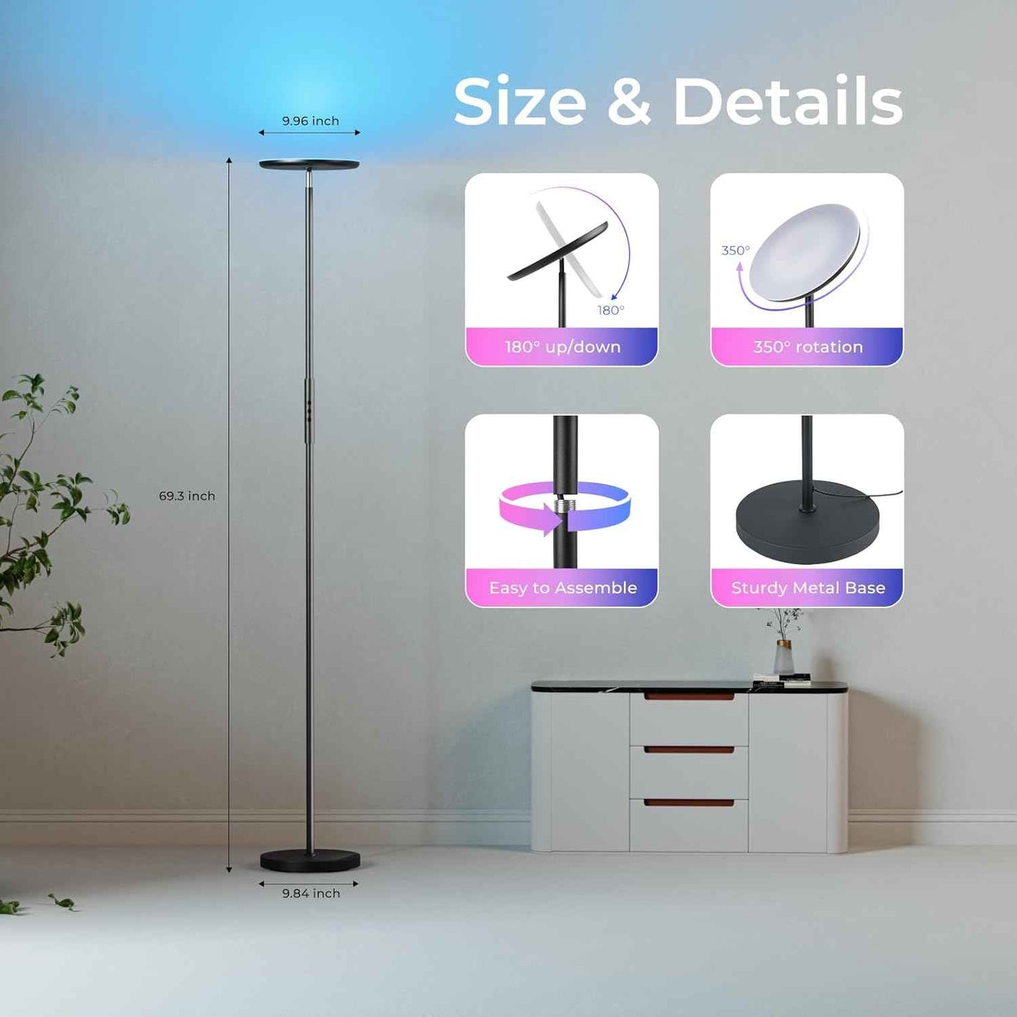 Smart RGBWW Floor Lamp with Voice Control & App, 2800LM Color Changing Torchiere for Living Room, 69.3in Rotating LED Lamp