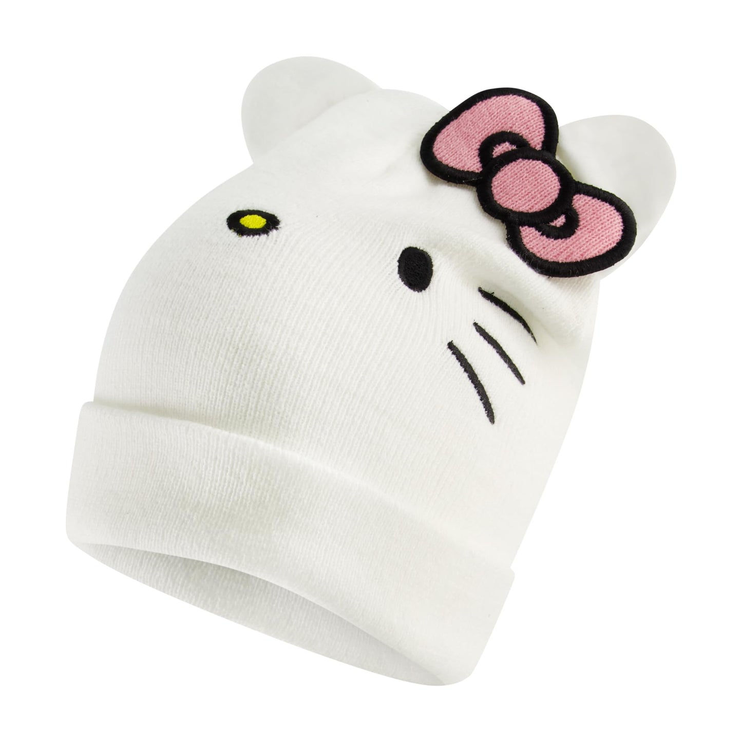 Hello Kitty Beanie Hat, Adult Acrylic Knitted Winter Cap with 3D Ears and Bow, White, One Size