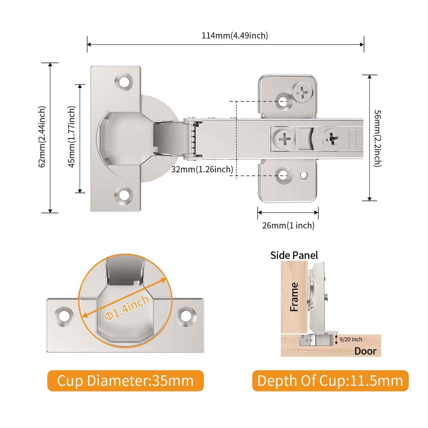 Chibery 60 Pack Frameless Full Overlay Soft Close Concealed Hinges, Satin Nickel, Self Closing, 105° Open Angle 3D Adjustment, Stop 85 & 105 Degrees, Clip On, Stainless Steel for Cabinet Door