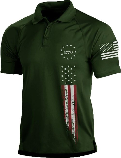 H HYFOL Men's Graphic Polo Shirt - Stretchy Casual American Patriotic Raglan Golf Tee