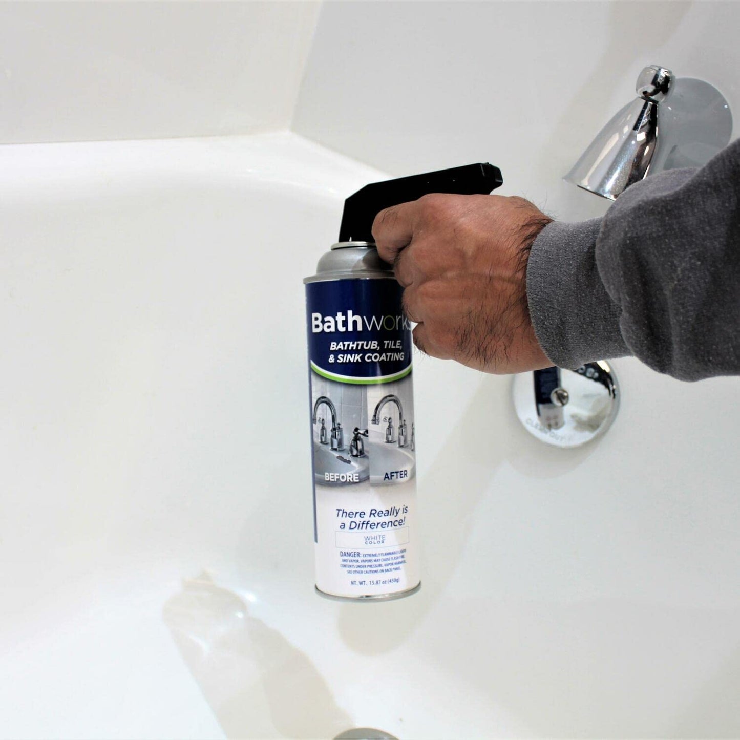 Bathworks Bathtub Refinishing Kit (WHITE); 2 Spray Cans; for Tub, Tile, & More; 32oz of Resin Paint; 24-hour dry time; with bonus comfort grip