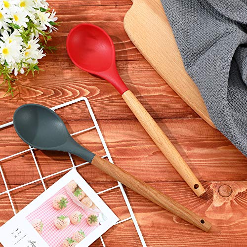 Silicone Cooking Spoons with Wooden Handle - Red & Gray, 12.4"