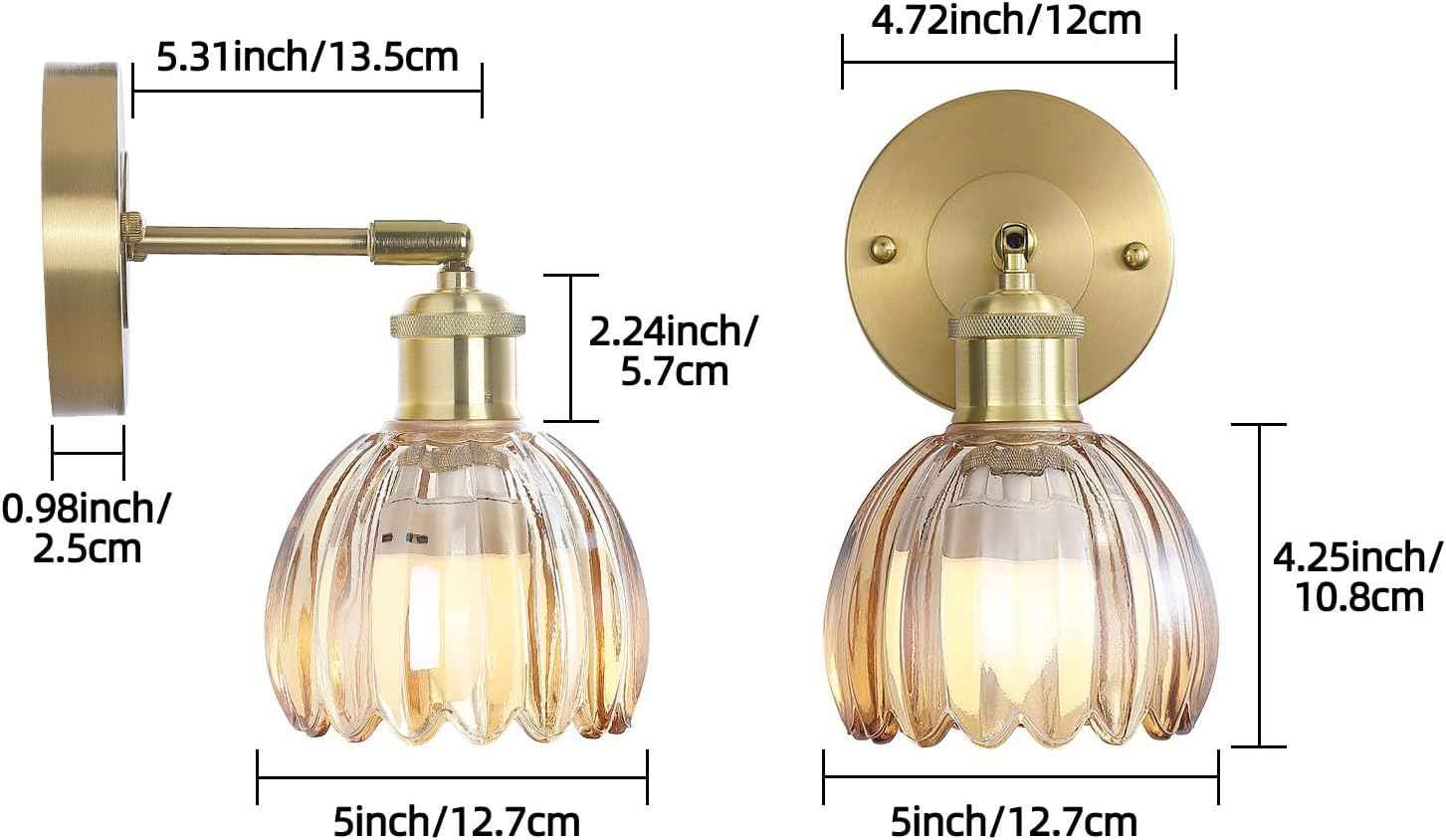 Rechargeable Vintage Wireless Wall Sconces - Gold LED Tulip Glass Lamps with Remote Dimming for Bedroom & Living Room