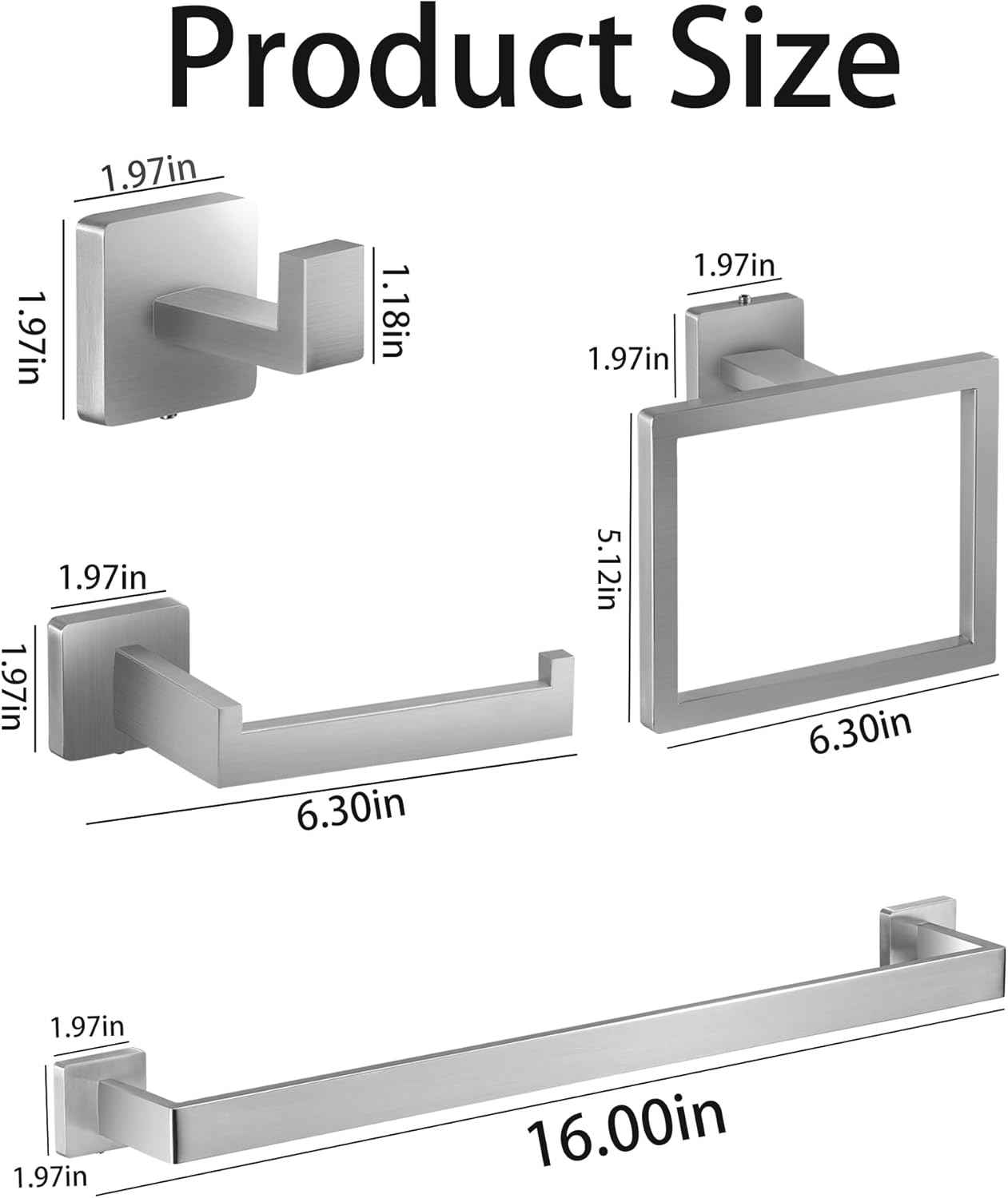 Brushed Nickel Bathroom Hardware Set - 10-Piece Towel Bar, Ring, Hook & Holder Kit