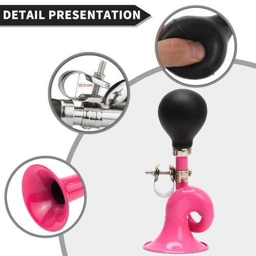 WHTCHSU Bike Horn for Adults Classic Horn Metal Squeeze Clown Horn, Fits All Bicycle Handle Bar, Loud Sounds(Pink Snail Horn 7-Inch)