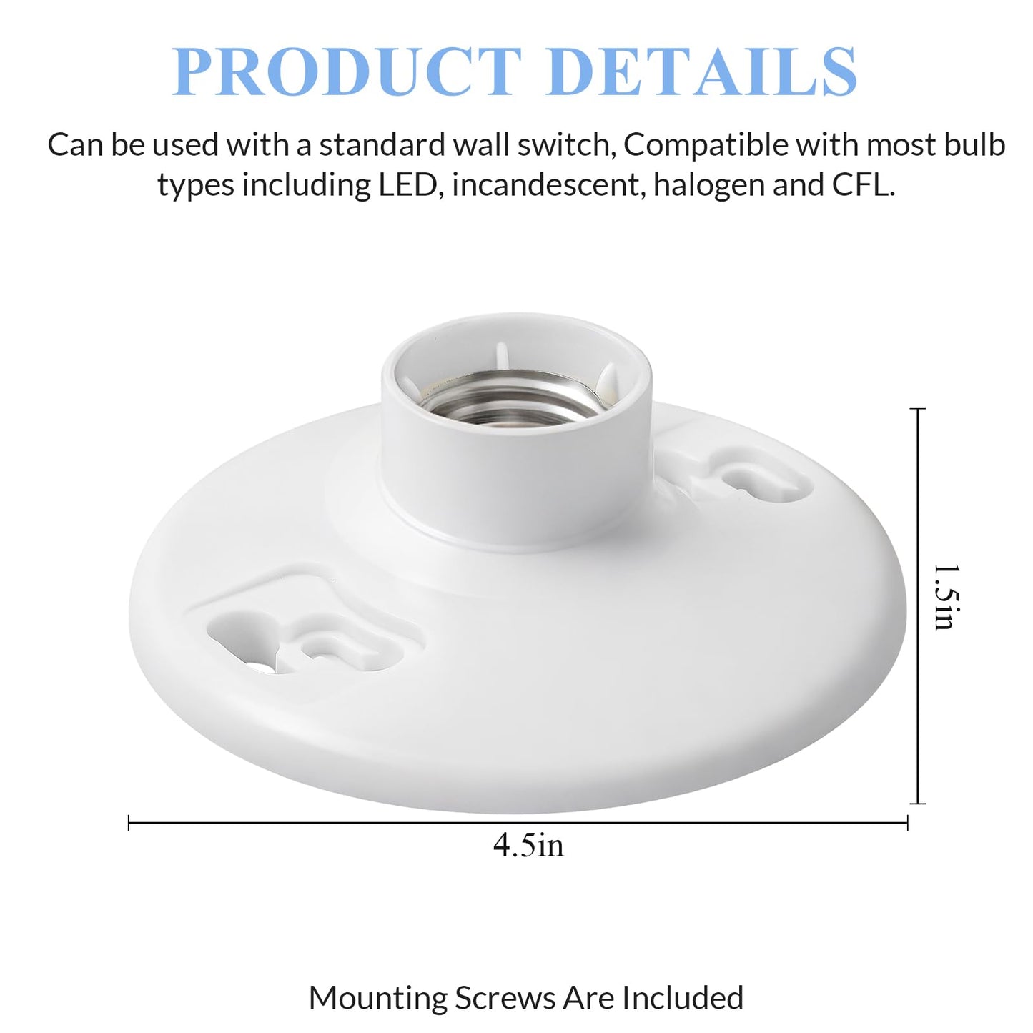 Saysurey 2 Pcs Medium Base E26 Lampholder Ceiling Light Sockets White Phenolic Bulb Socket Incandescent Fluorescent CFL Lamp Holder 660w 250v (Keyless)