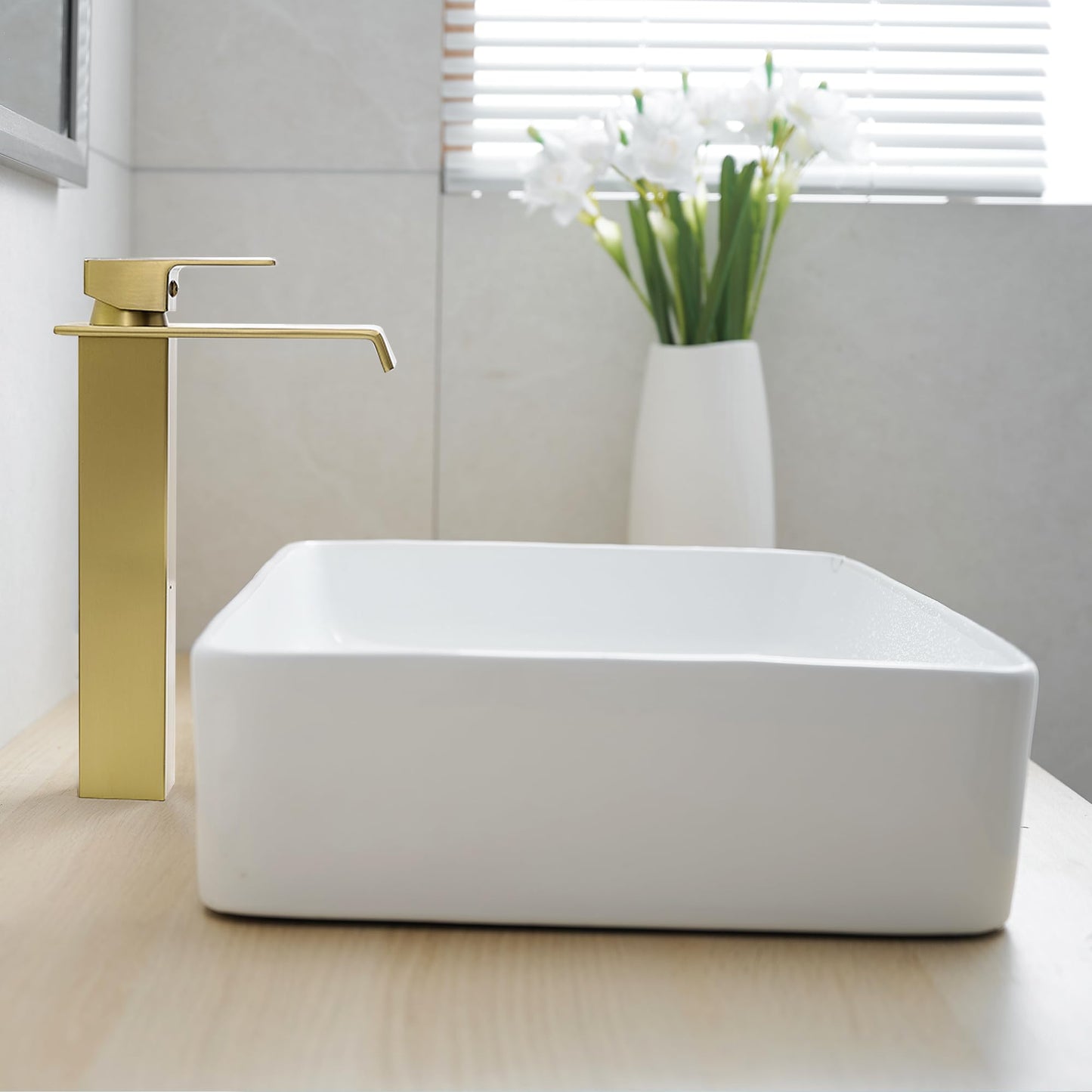 HEYMYTAP Gold Vessel Sink Faucet, Brass Waterfall Tall Faucet for Bathroom Sink 1 Hole with Pop Up Drain and Supply Hoses for Vanity Restroom Modern