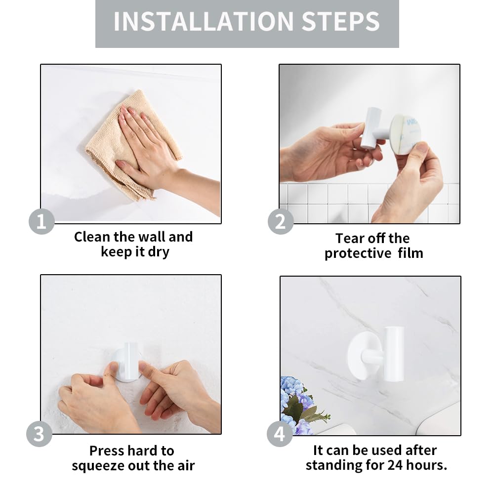 Vuzvuv Adhesive Hooks White SUS304 Stainless Steel - Self Adhesive Heavy Duty Waterproof Wall Hooks for Towel, Coat, Robe in Bathrooms Kitchen Hotel (2-Pack)