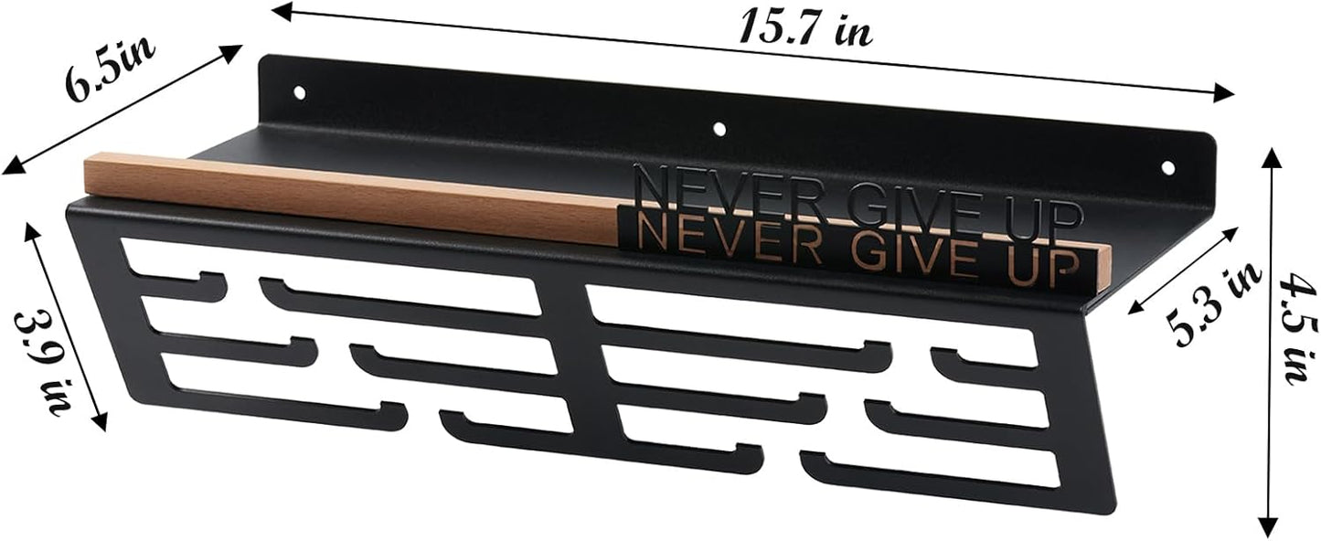 Medal Hanger Display & Trophy Shelf Combo - Unique 5.3" Deep Design for Large Trophies | Never Give Up Soccer Wall Decor