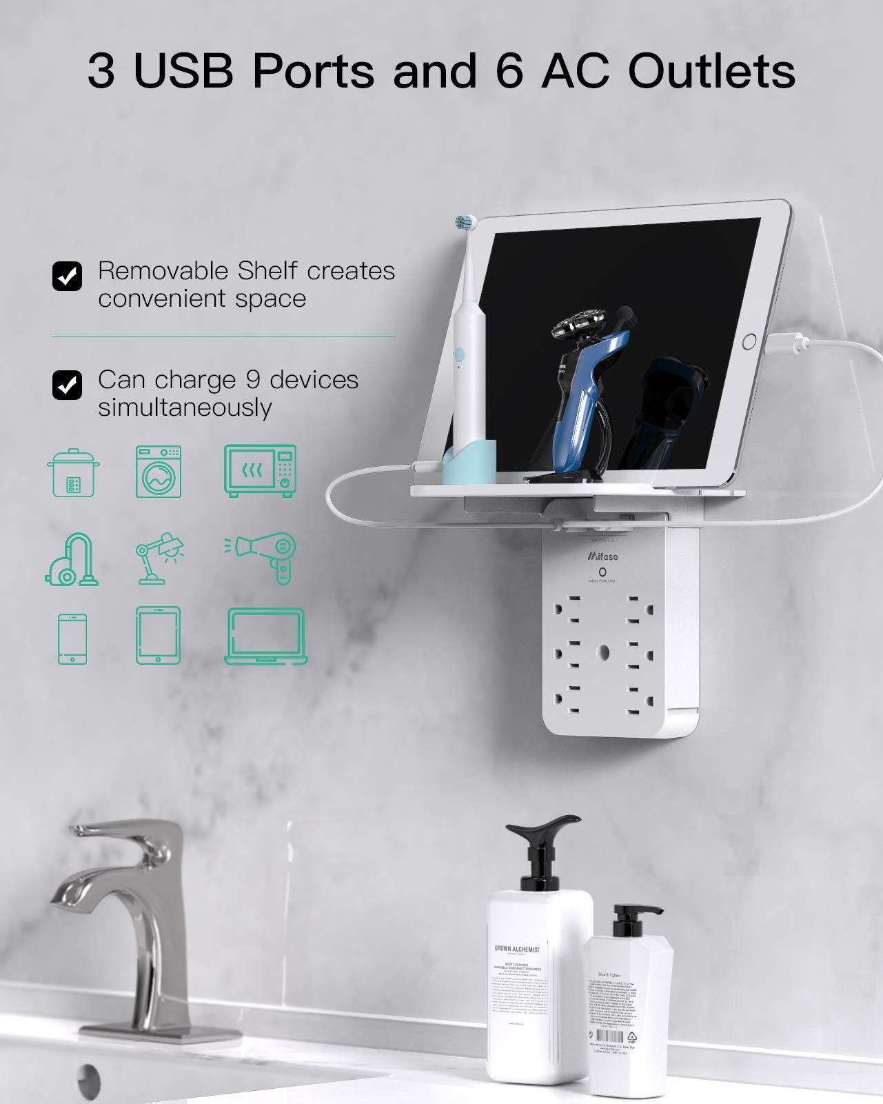 Outlet Extender with Shelf, Mifaso Surge Protector 6 AC Multi Plug Wall Outlets and 3 USB Ports, PD 20W USB-C Charger, Outlet Splitter for Bathroom Home