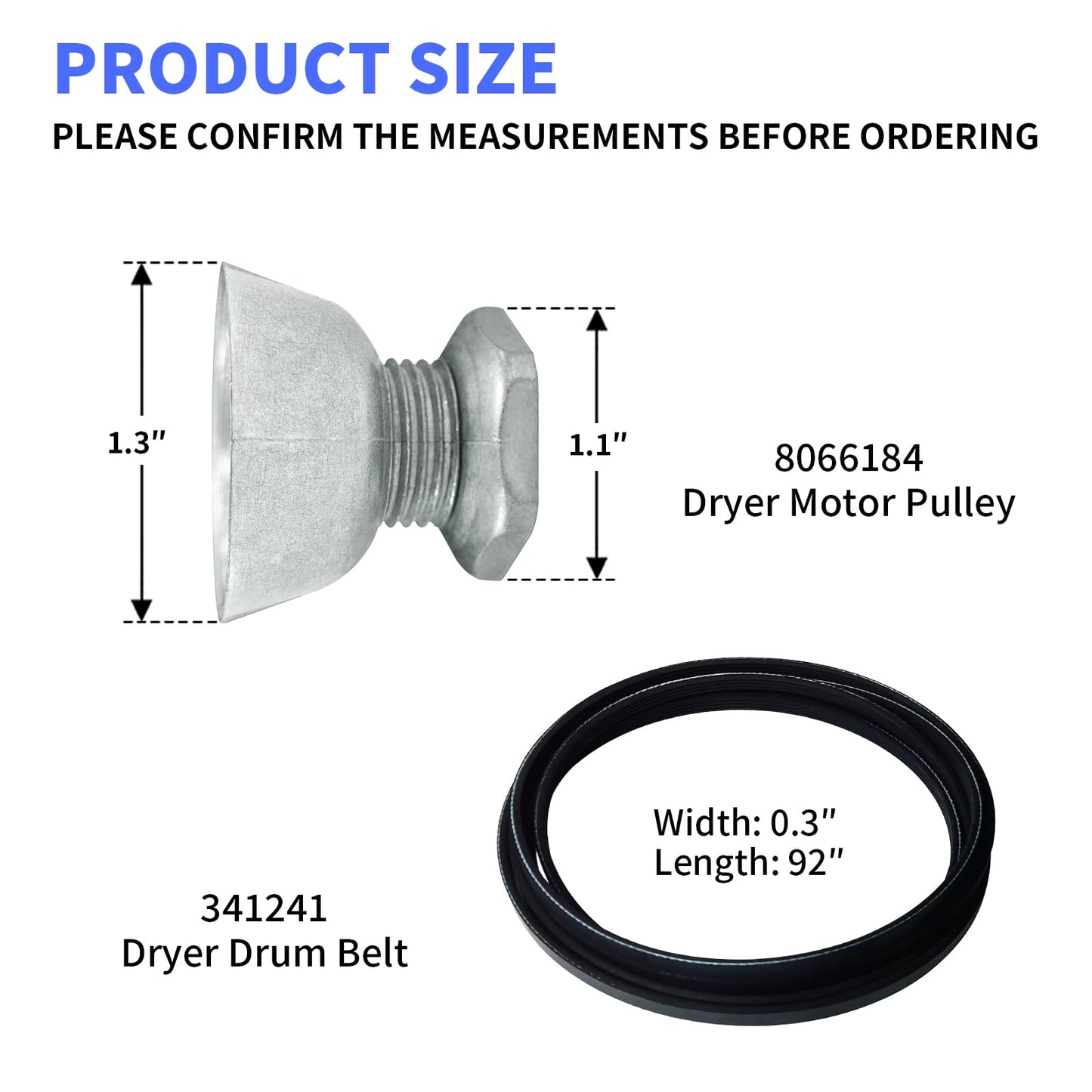 8066184 Dryer Motor Pulley & 341241 Dryer Drum Belt Compatible with Whirlpool Maytag Kenmore Dryer