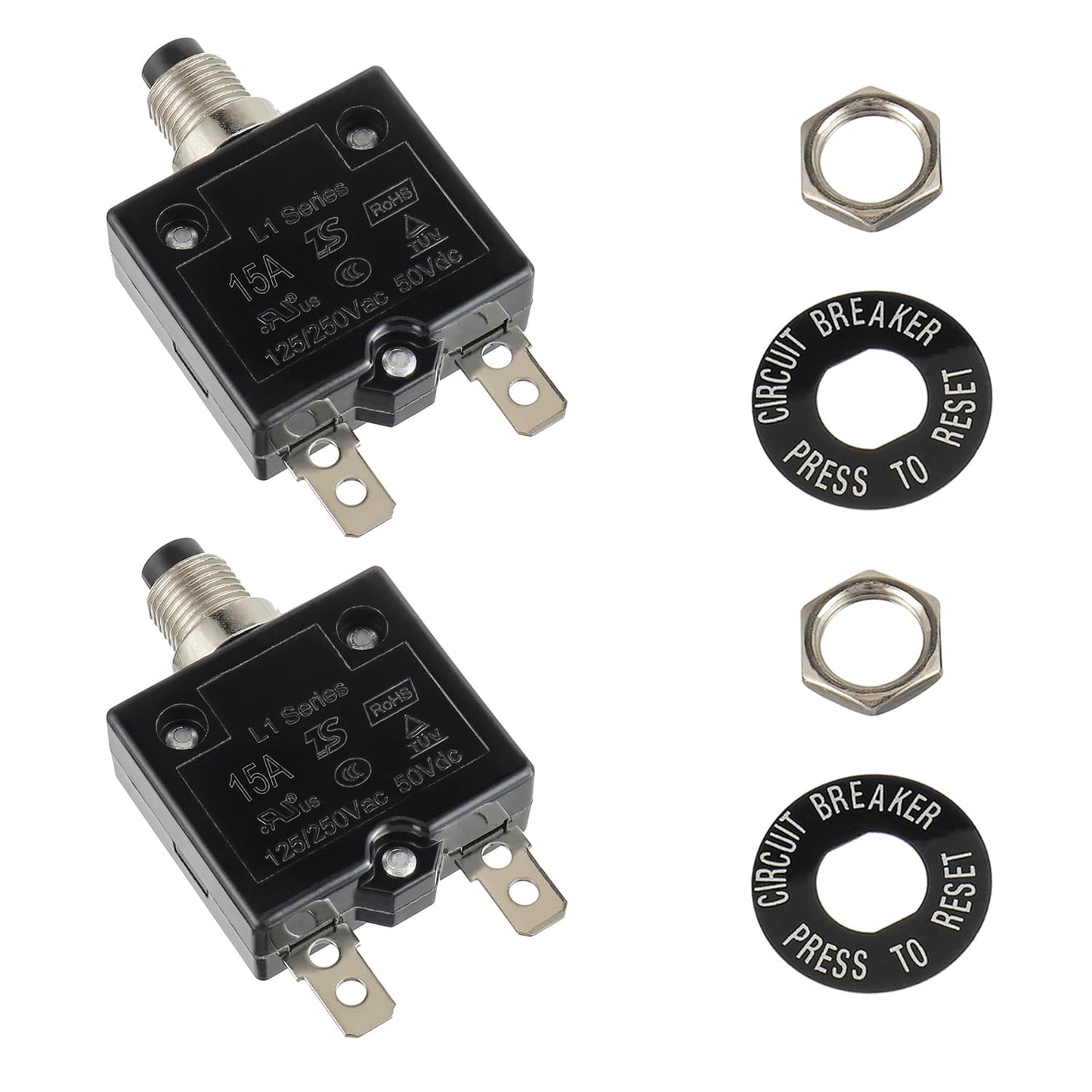 HUWREW 15 Amp Push Button Circuit Breaker 125-250V AC 50V DC L1 Series Manual Reset Thermal Circuit Breaker 15A Thermal Overload Protector (Pack of 2)