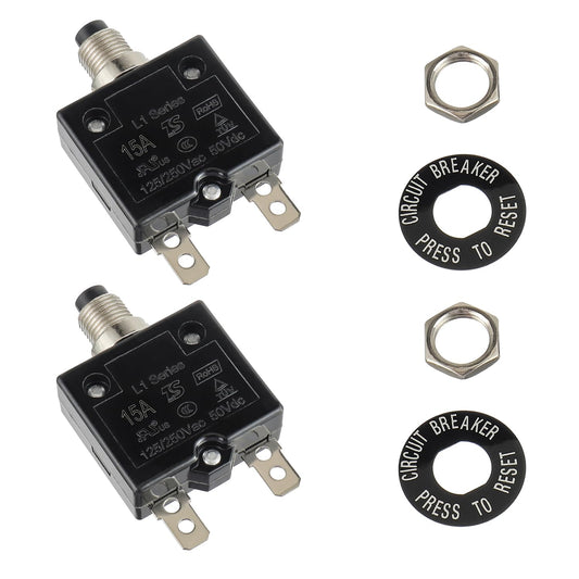 HUWREW 15 Amp Push Button Circuit Breaker 125-250V AC 50V DC L1 Series Manual Reset Thermal Circuit Breaker 15A Thermal Overload Protector (Pack of 2)