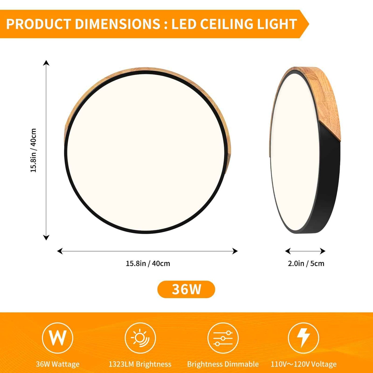 Peblto Modern Dimmable Black LED Ceiling Light, 2700 K - 6000 K 5CCT Wood Flush Mount Ceiling Lighting Fixtures, Minimalist Round Ceiling Lamp for Living Room Bedroom Kitchen Hallway(15.8in)