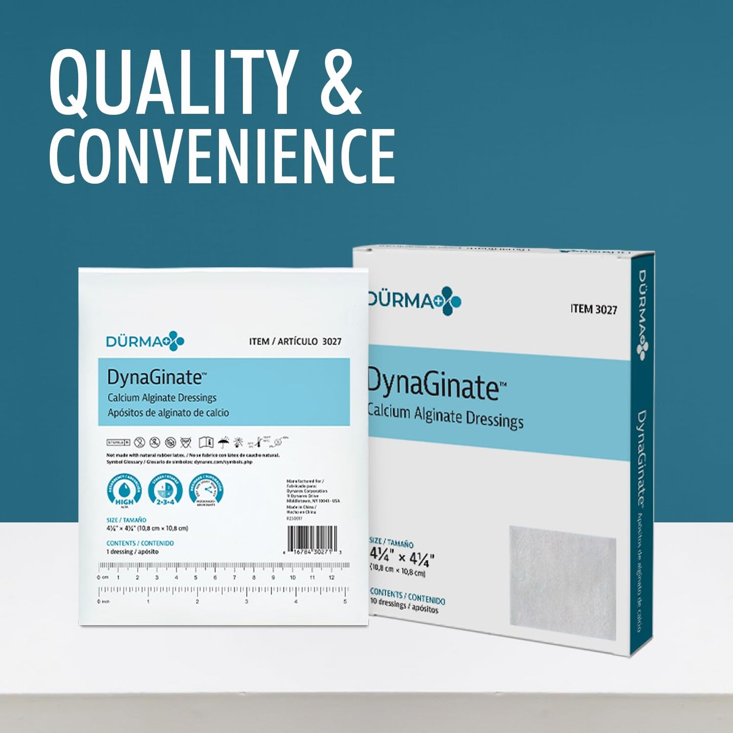 Dynarex DynaGinate Calcium Alginate Wound Dressing - Sterile, Non-Stick Topical Wound Pads - Absorbent Gel Patches For Moderate To High Exuding Cuts - For Medical & Home Use - 4.25"x 4.25", Box of 10
