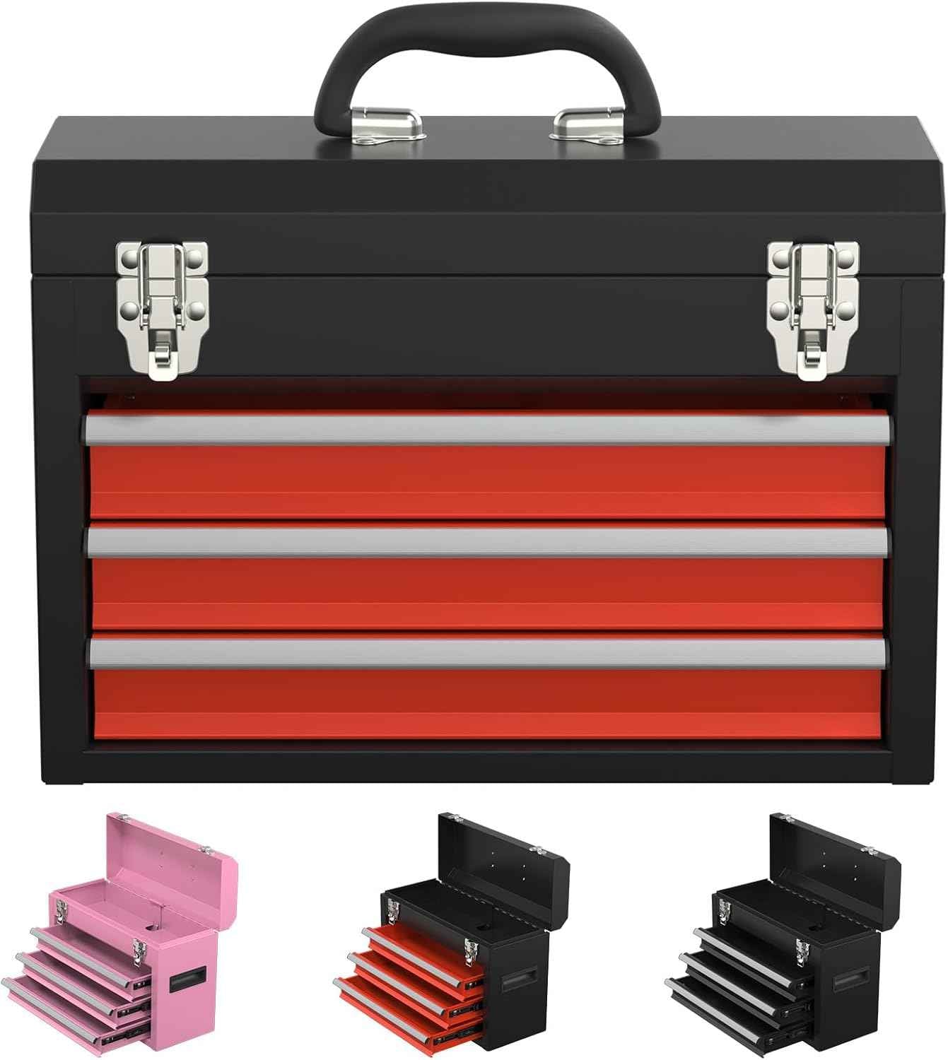 Portable Pink 3-Drawer Steel Tool Box with Locking System for Tool Storage