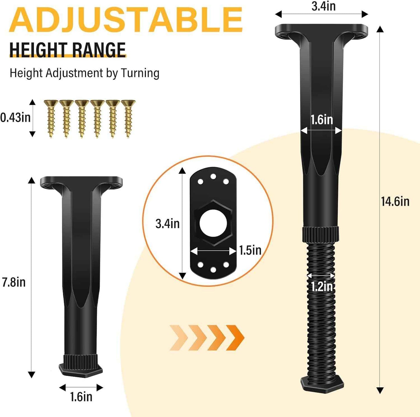 6 PCS Adjustable Height Bed Frame Support Legs - 7.8-14.6inch Bed Slats Support Leg with Screws, Furniture Legs for Bed Frame/Bed Center Slat/Cabinet/Dresser/Table/Sofa/Chair, Bed Replacement Legs