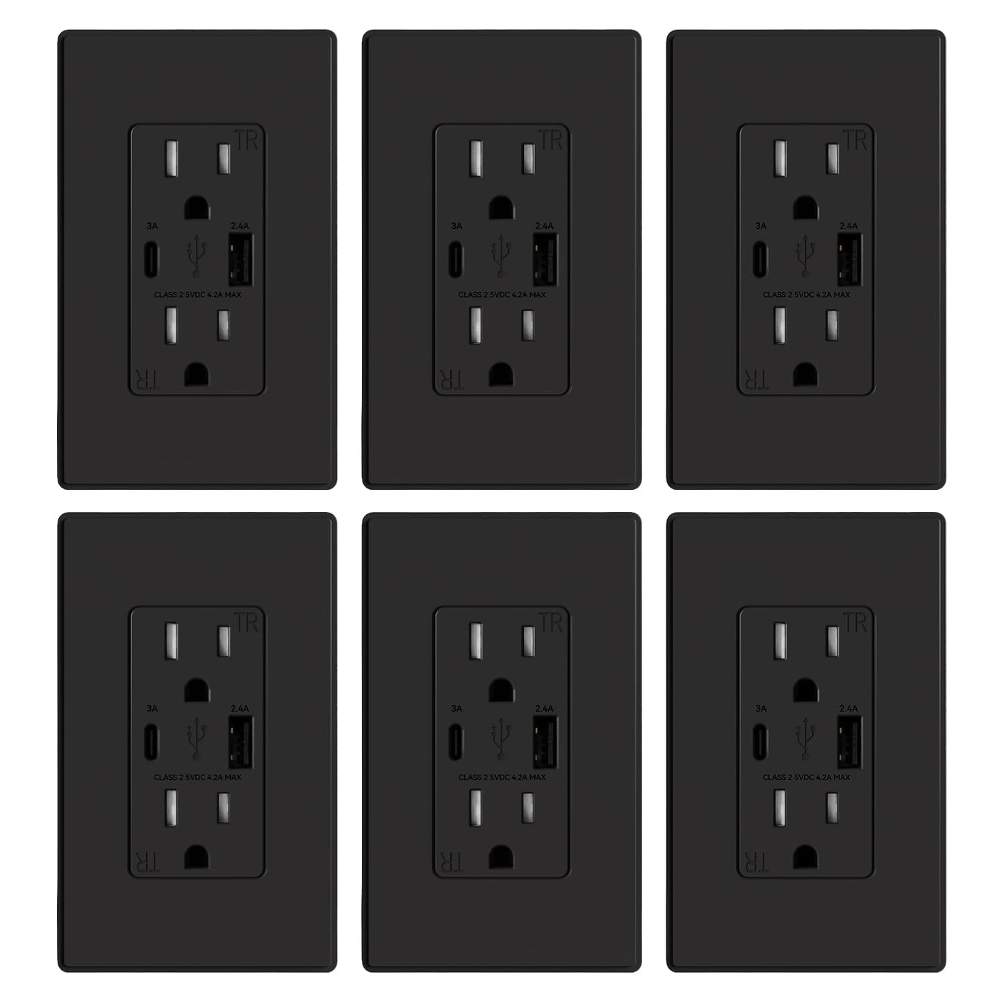 USB Wall Charger Outlet with A & C Ports - 15A Tamper Resistant, UL Listed, 6 Pack, Light Almond