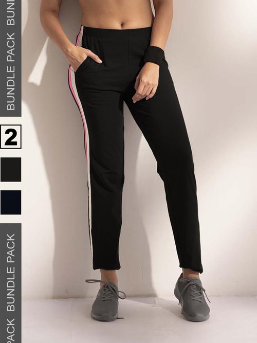 Lyra Cotton Track Pants Women's Joggers| Elastic Waistband | Straight Leg Lounge Pants | Perfect Sports Wear | Pack of 2 Size - XL, Color - Black & Navy Blue