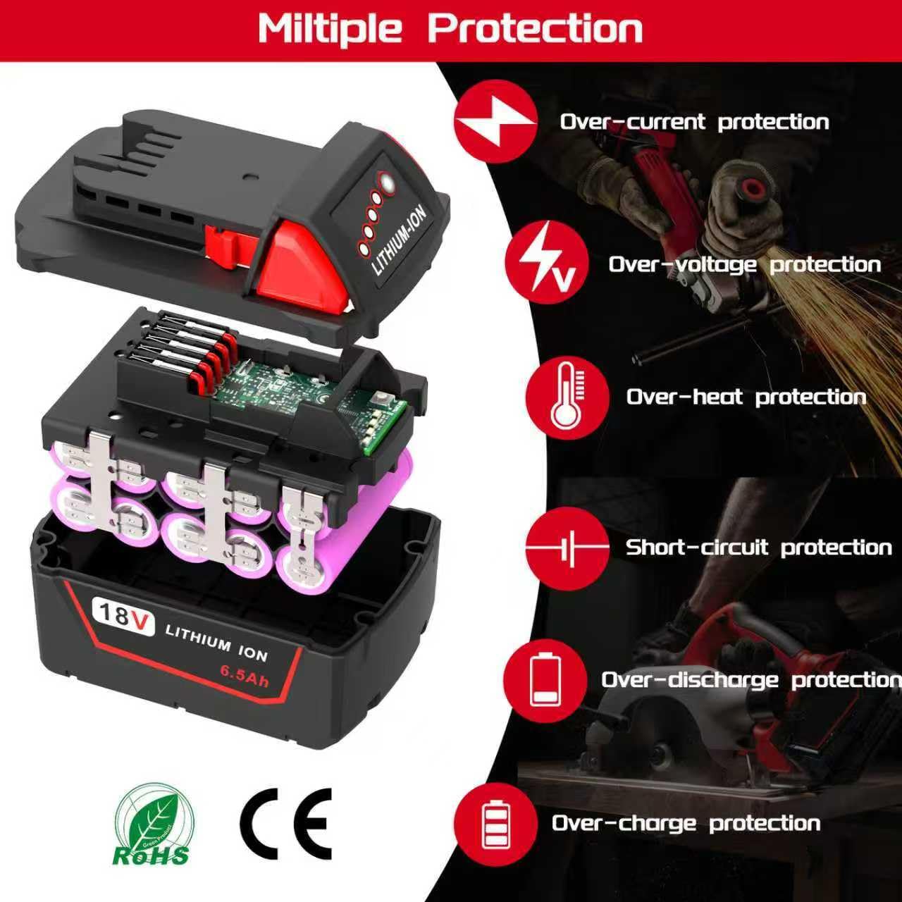 Worthmah 2 Pack 6.5Ah 18V Batteries Replace for Milwaukee M18 Battery Lithium lon 48-11-1860 48-11-1850, Compatible with m18 Milwaukee Battery Charger and 18 Volt Cordless Power Tools