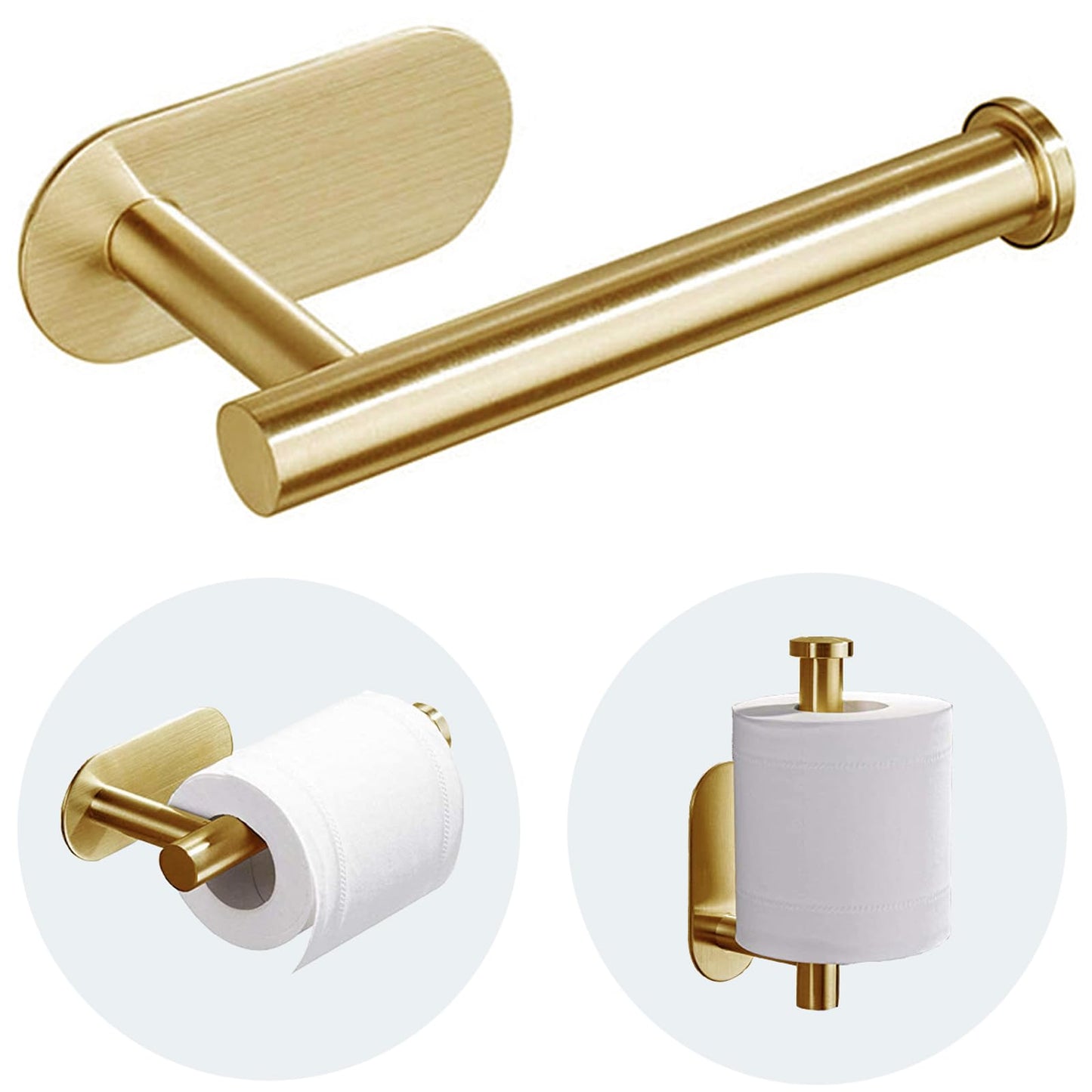 JOPOFI Toilet Paper Holder - Self Adhesive Toilet Paper Holder Wall Mount for Bathroom, SUS 304 Stainless Steel Command Strip Toilet Paper Roll Holder Stick On Wall, No Drilling - Brushed Gold