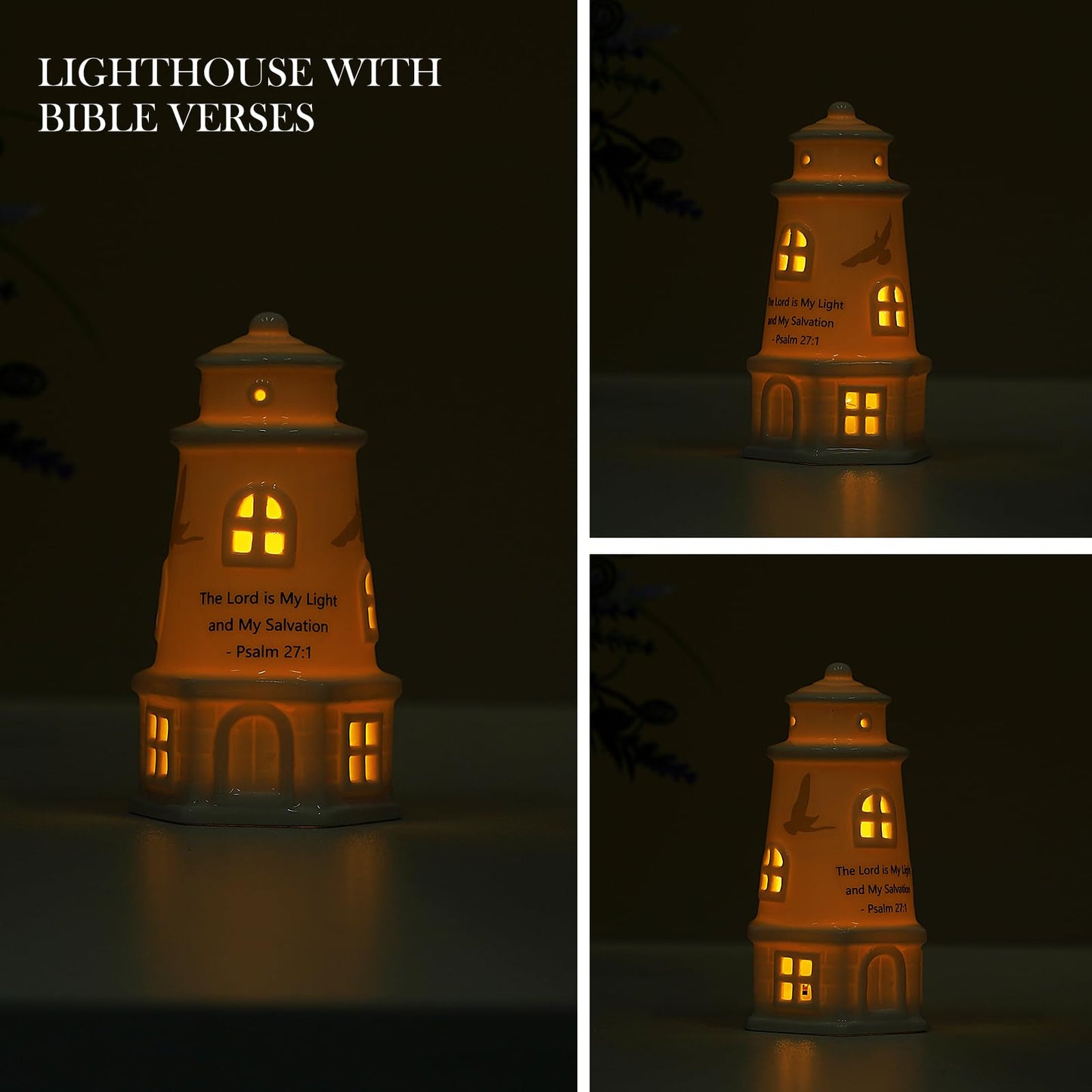 ROSYCOUD White Ceramic Lighthouse with Bible Verses - Psalm 27:1 Christian Light House Decor Statue Lamp, Faith Based Baptism Encouragement Spiritual Religious Gifts for Women