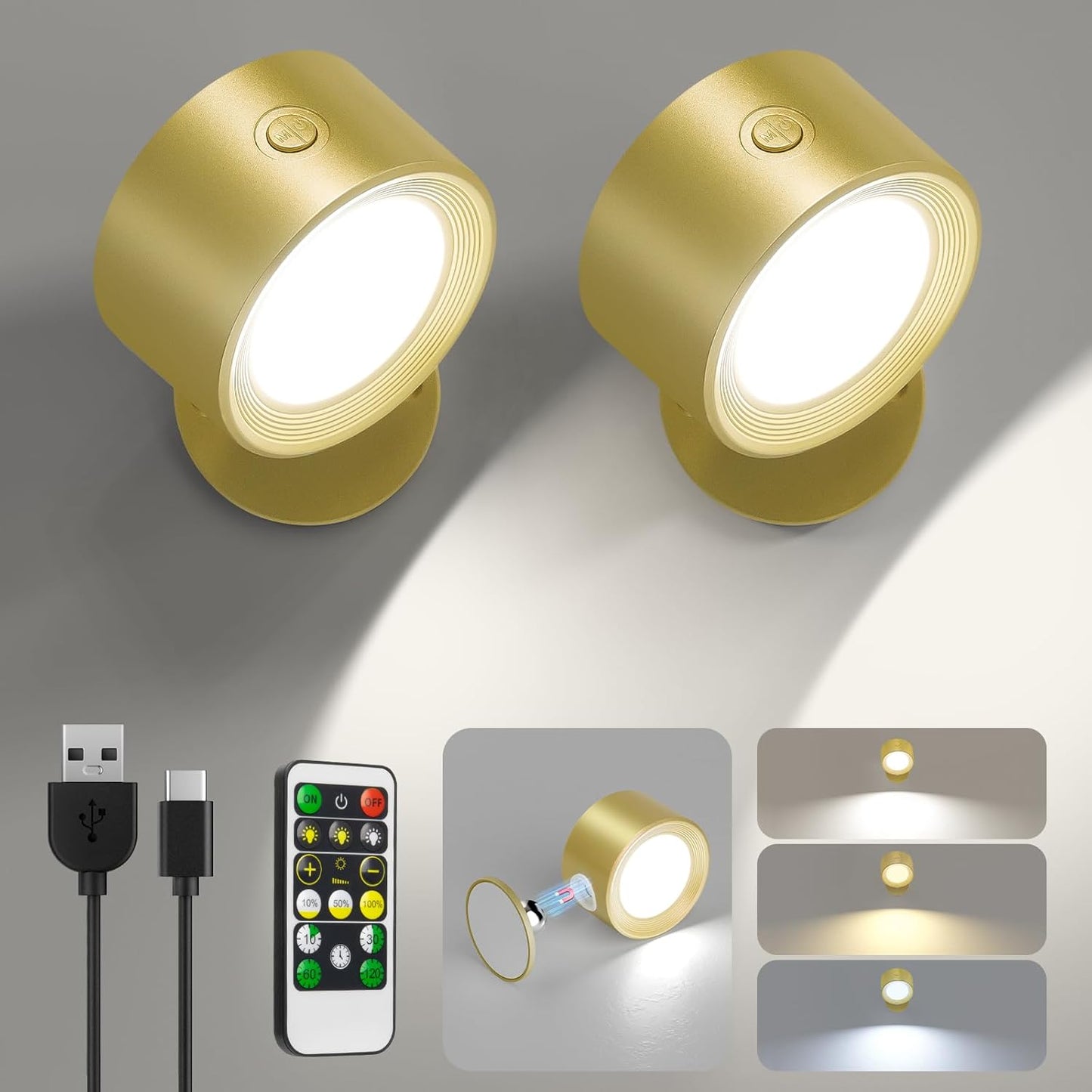 Rechargeable LED Wall Mounted Lights - 3 Pack with Remote, Dimmable & 360° Rotation for Bedroom