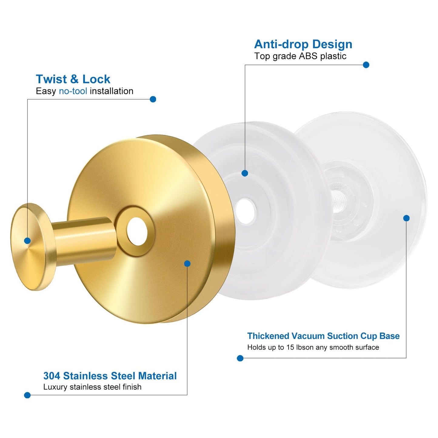 EASETROL Gold Suction Cup Hooks for Shower, Heavy Duty Wreaths Hangers for Glass Door Window, Bathroom Towel Robe Suction Cup Hook, No Drill Holder on Smooth Wall, Mirror, Tile for Home (2, Gold)