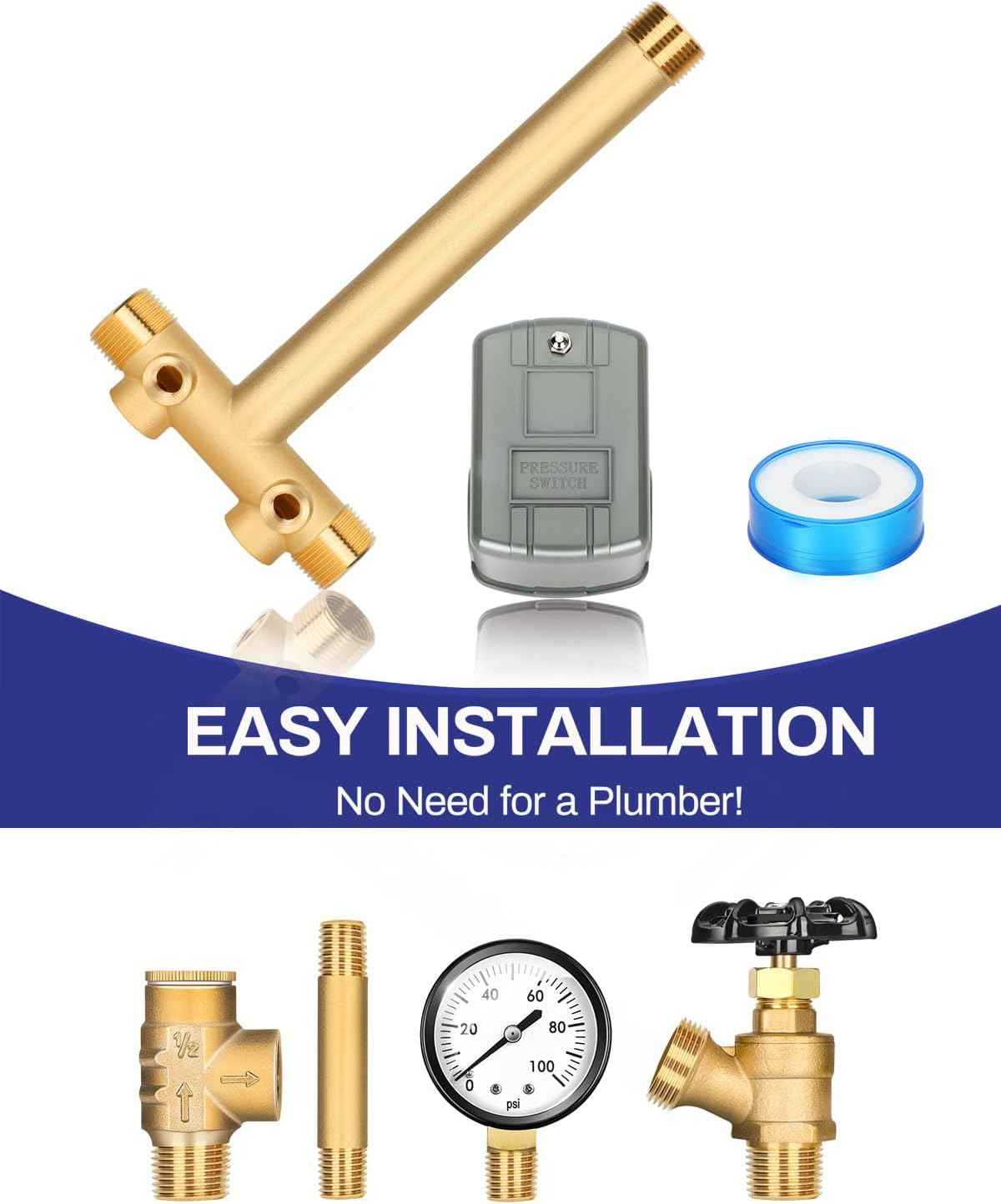 Well Pressure Tank Tee Kit with Union & 40-60 PSI Switch - Upgraded 1” x 11” for Tanks Up to 16” Diameter
