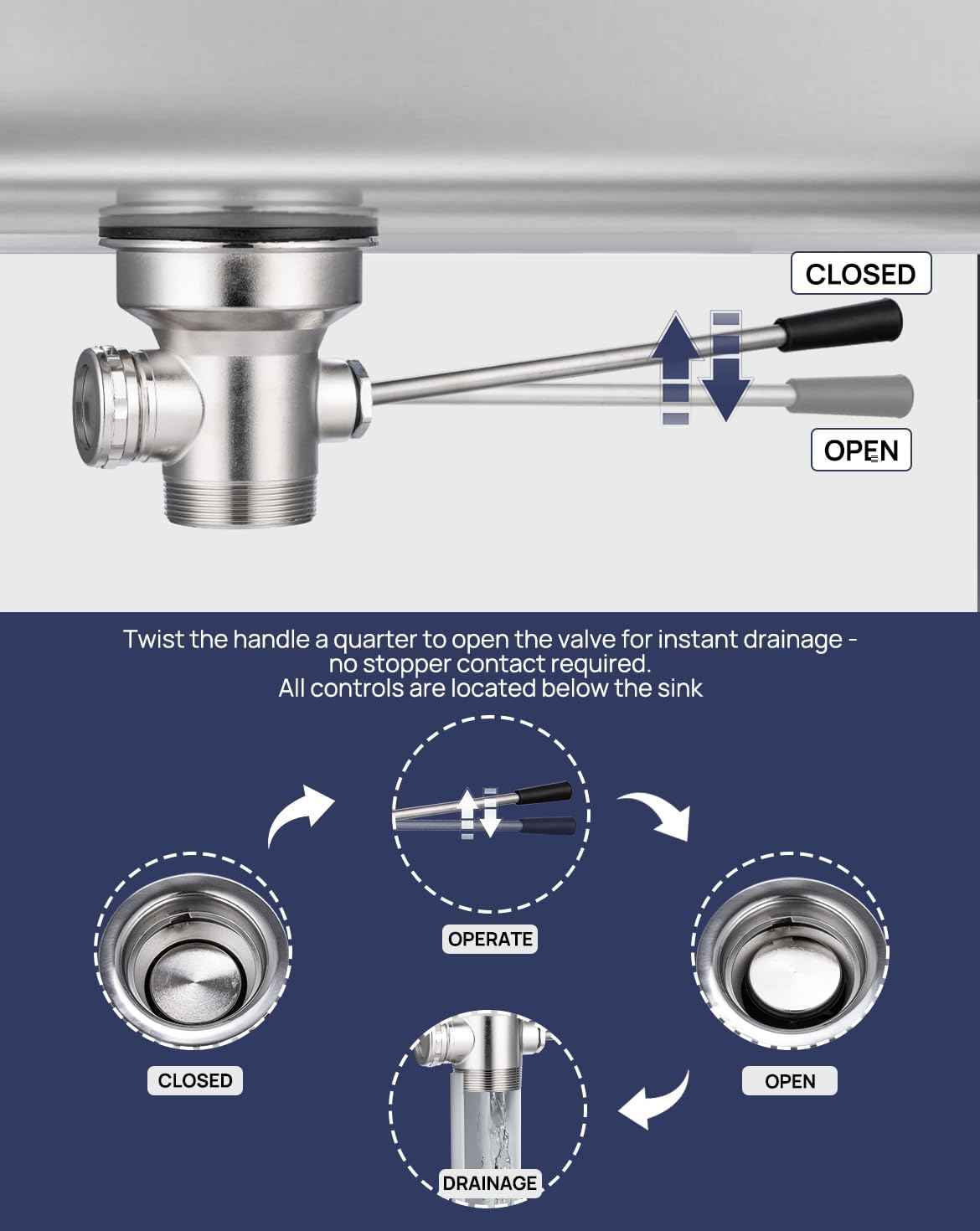 3.5-Inch Commercial Sink Drain with Twist Lever Handle & Overflow Inlet – Leakproof Waste Valve for 2/3 Compartment Restaurant Sinks