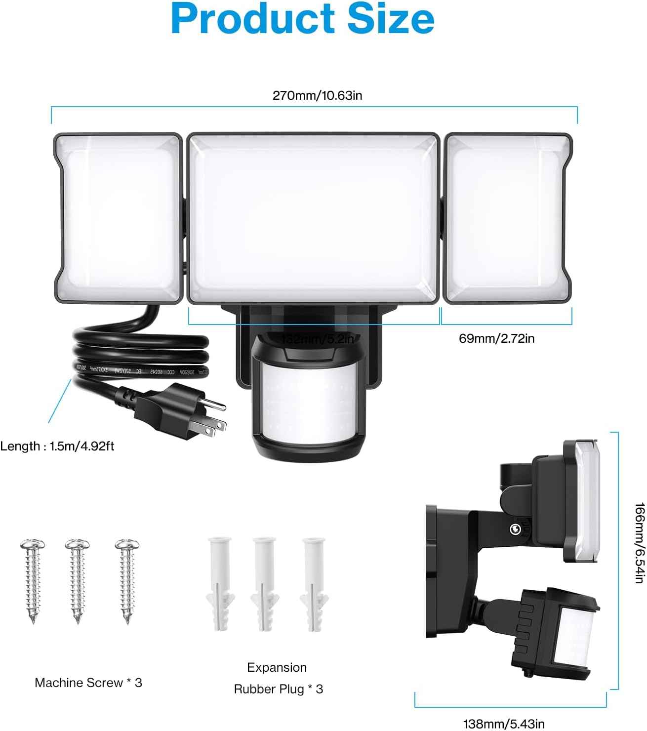 75W Motion Sensor Outdoor Flood Lights - 3 Heads, 7500LM LED Security Lighting, IP65, 6500K for Garage, Yard & Patio (2 Pack)