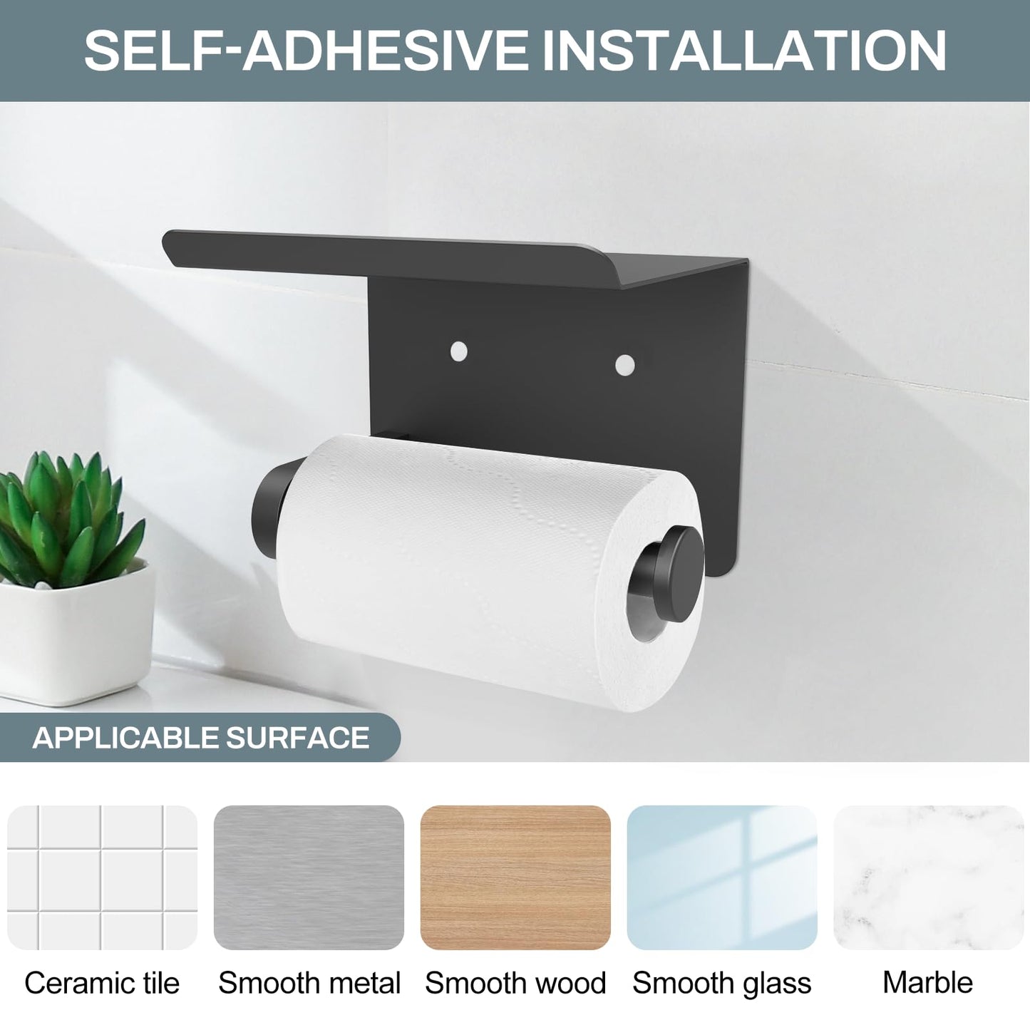 SetSail Toilet Paper Holder with Shelf Adhesive or Screw Bathroom Toilet Paper Roll Holders Wall Mount Matte Black Tissue Holder for Bathroom Hardware Accessories