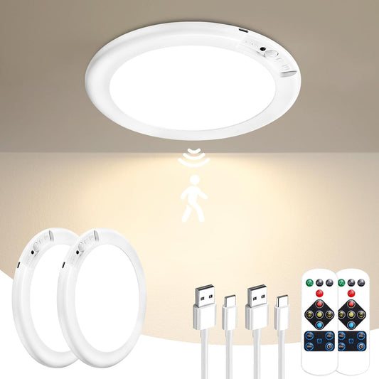 Rechargeable Motion Sensor Ceiling Light - 2 Pack Wireless Battery-Powered with Remote for Closet, Shower, Stairs, and Hallway