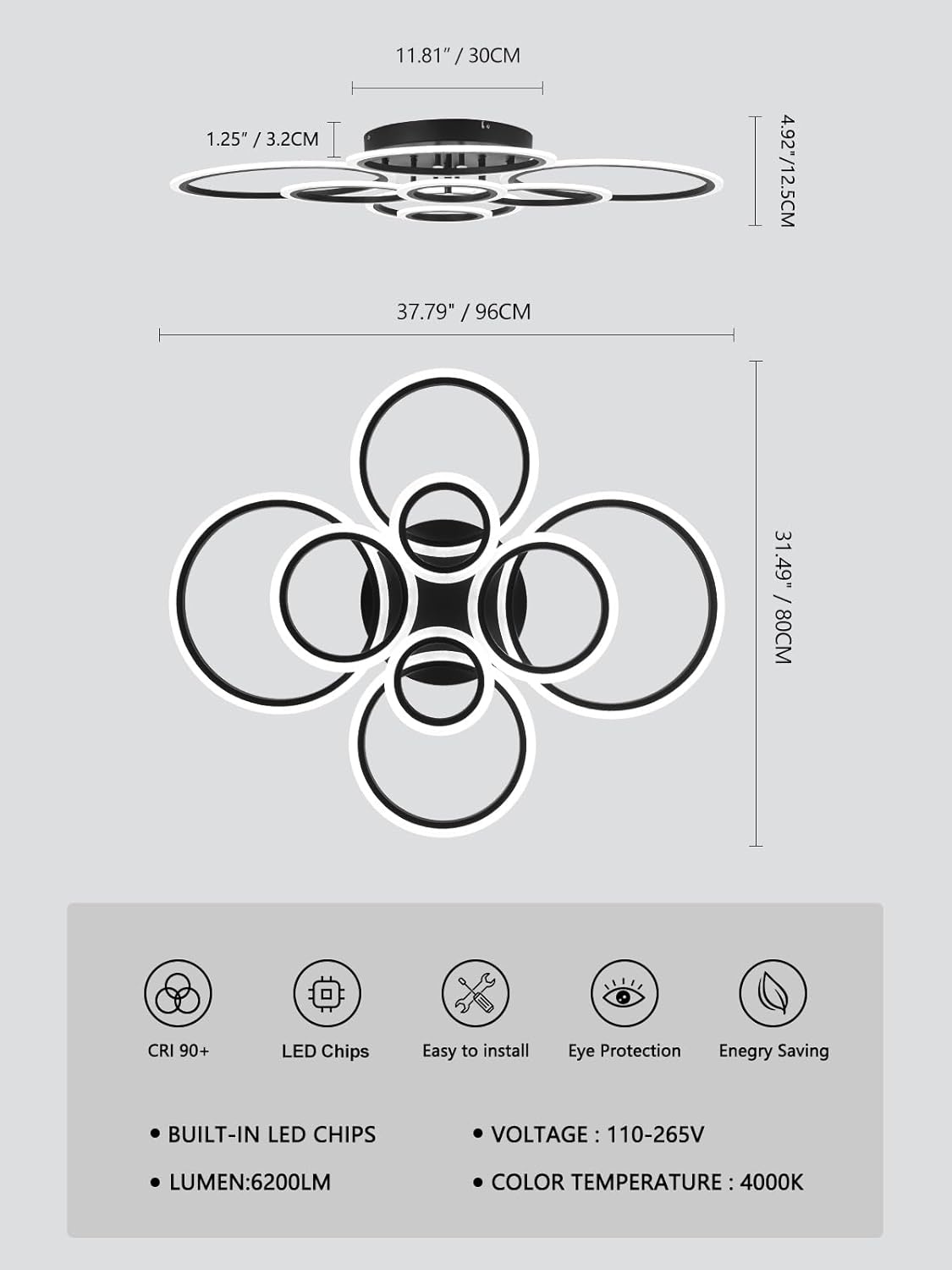 Modern LED Flush Mount Ceiling Light - 4 Rings 4000K Fixture for Kitchen & Living Room
