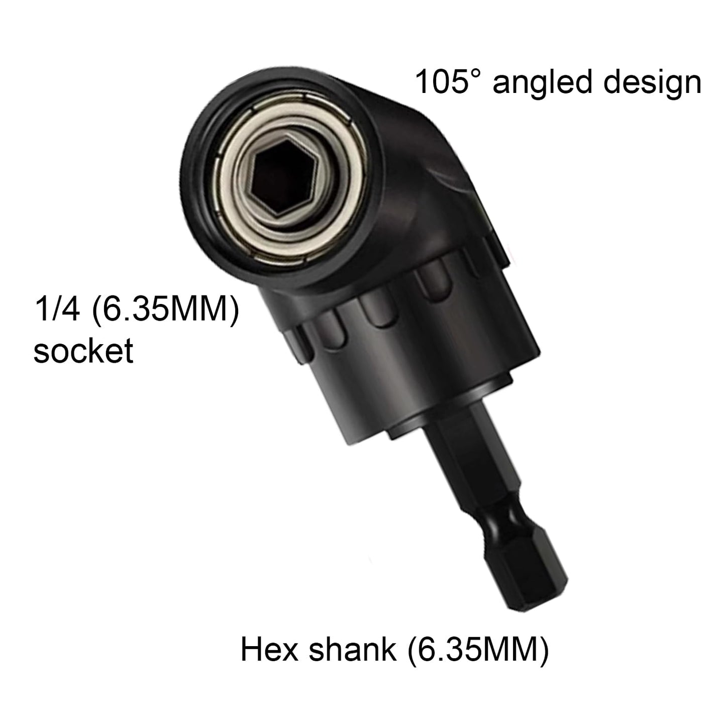 4-in-1 Impact Drill Bit Extension Set with a 105° angle screwdriver bit, right angle drill adaptor, and 360° rotatable socket adapters for 1/4", 3/8", and 1/2" sizes