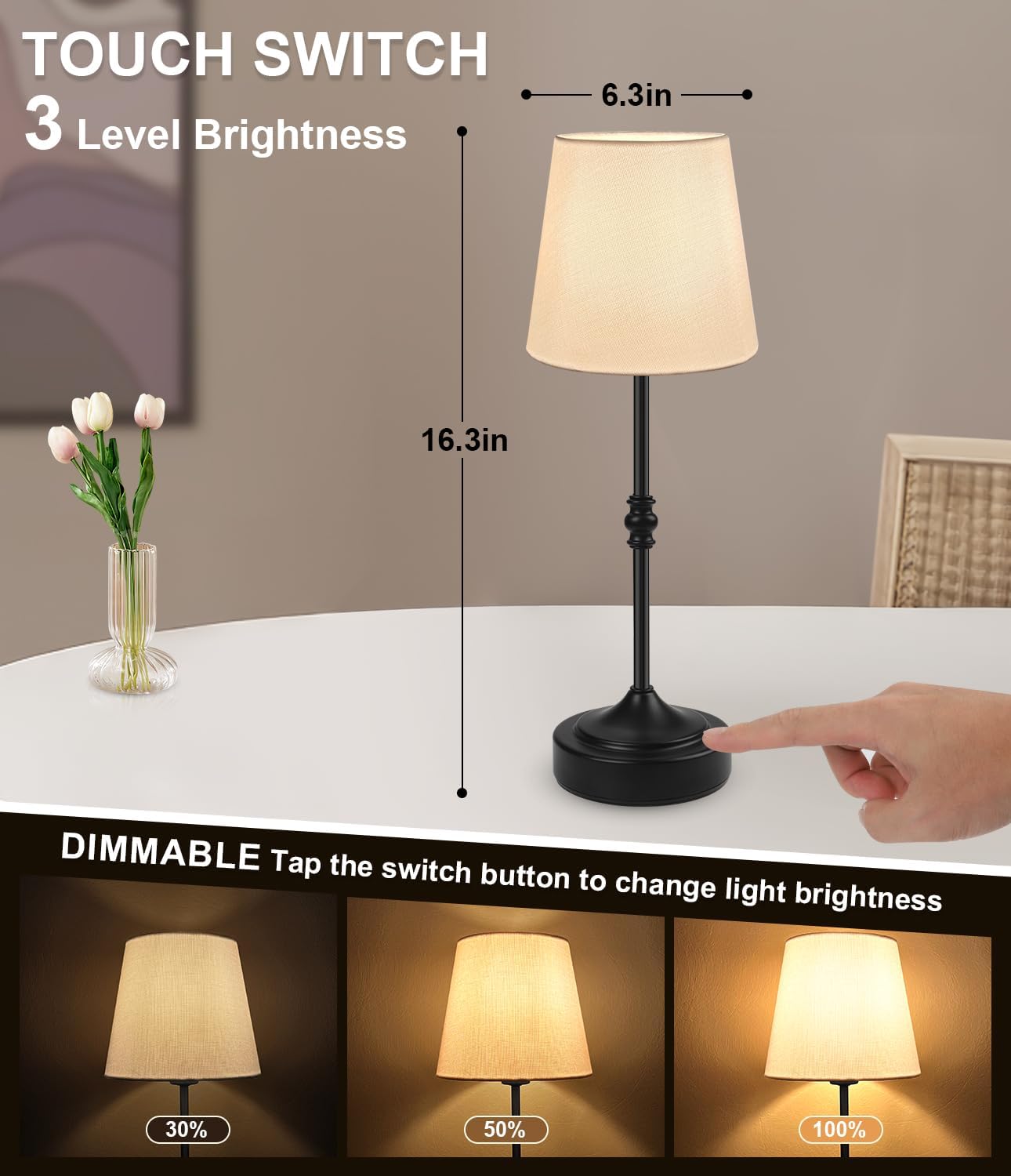 Rechargeable Cordless Touch Table Lamp - 5000mAh Battery, 3-Level Dimmable, Portable Brass Night Light for Home & Patio