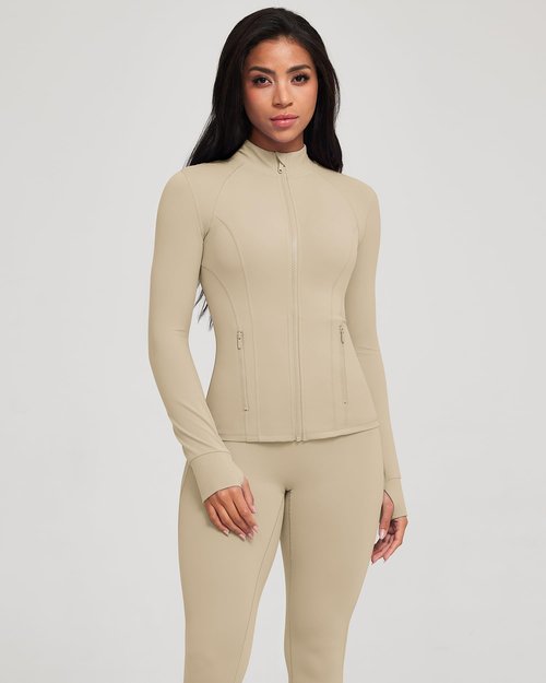 GYM RAINBOW Workout Jackets for Women Athletic Running Gym Yoga Jacket Lightweight Full Zip Slim Fit Sports Tops Thumb Holes Pockets(Oxford Tan,Medium)