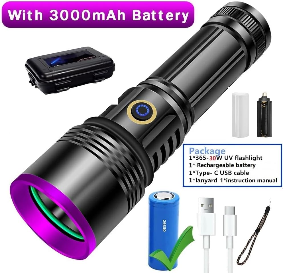 30W UV Flashlight - Rechargeable Black Light for Pet Urine Detection & Curing