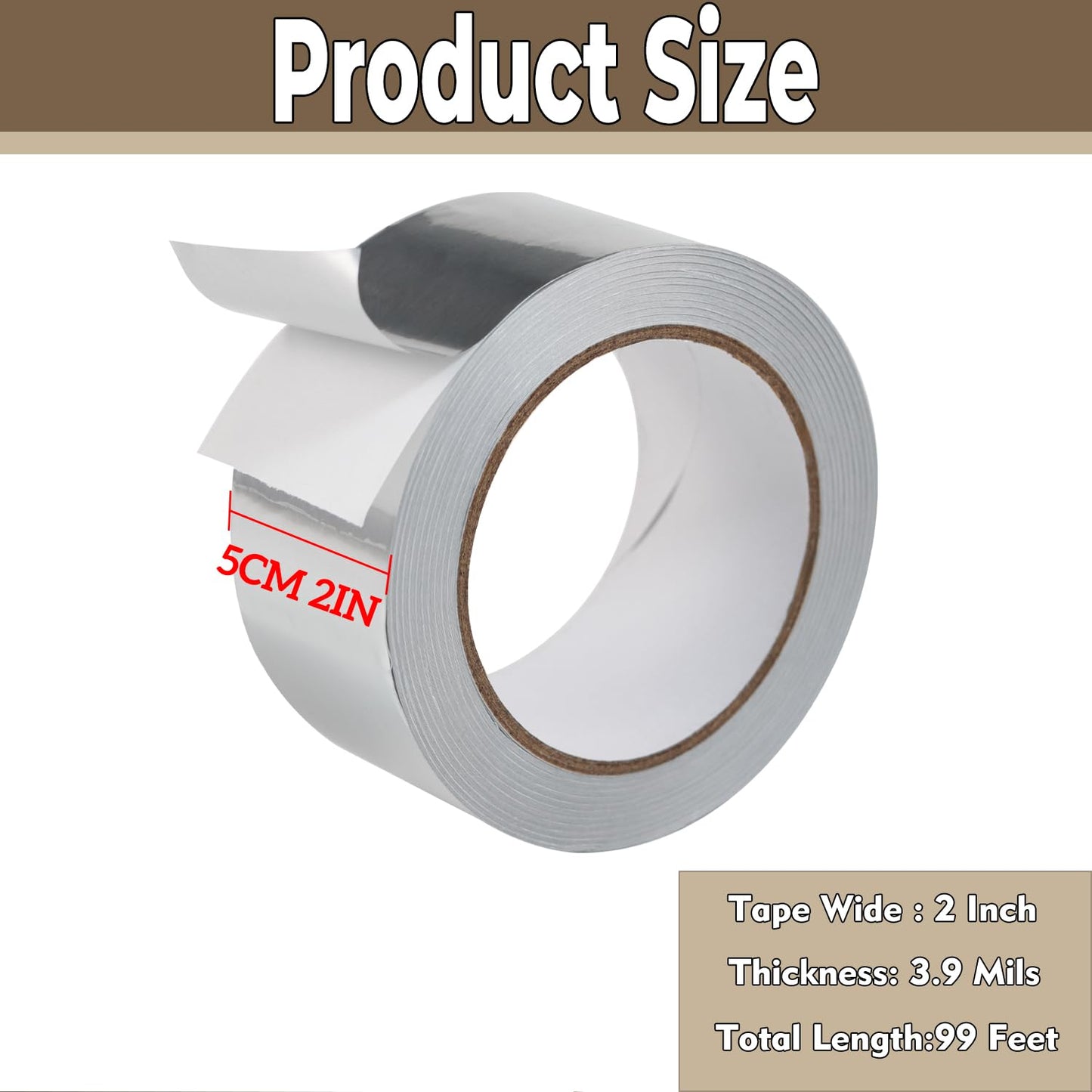 Qoqooice Aluminum Foil Heavy Duty Silver Duct Tape 2 Inch 99Ft 3.9 Mils High Temperature Sealing and Patching for HVAC Air Ducts Metal Repair Foamboard Insulation Dryer Vent and More