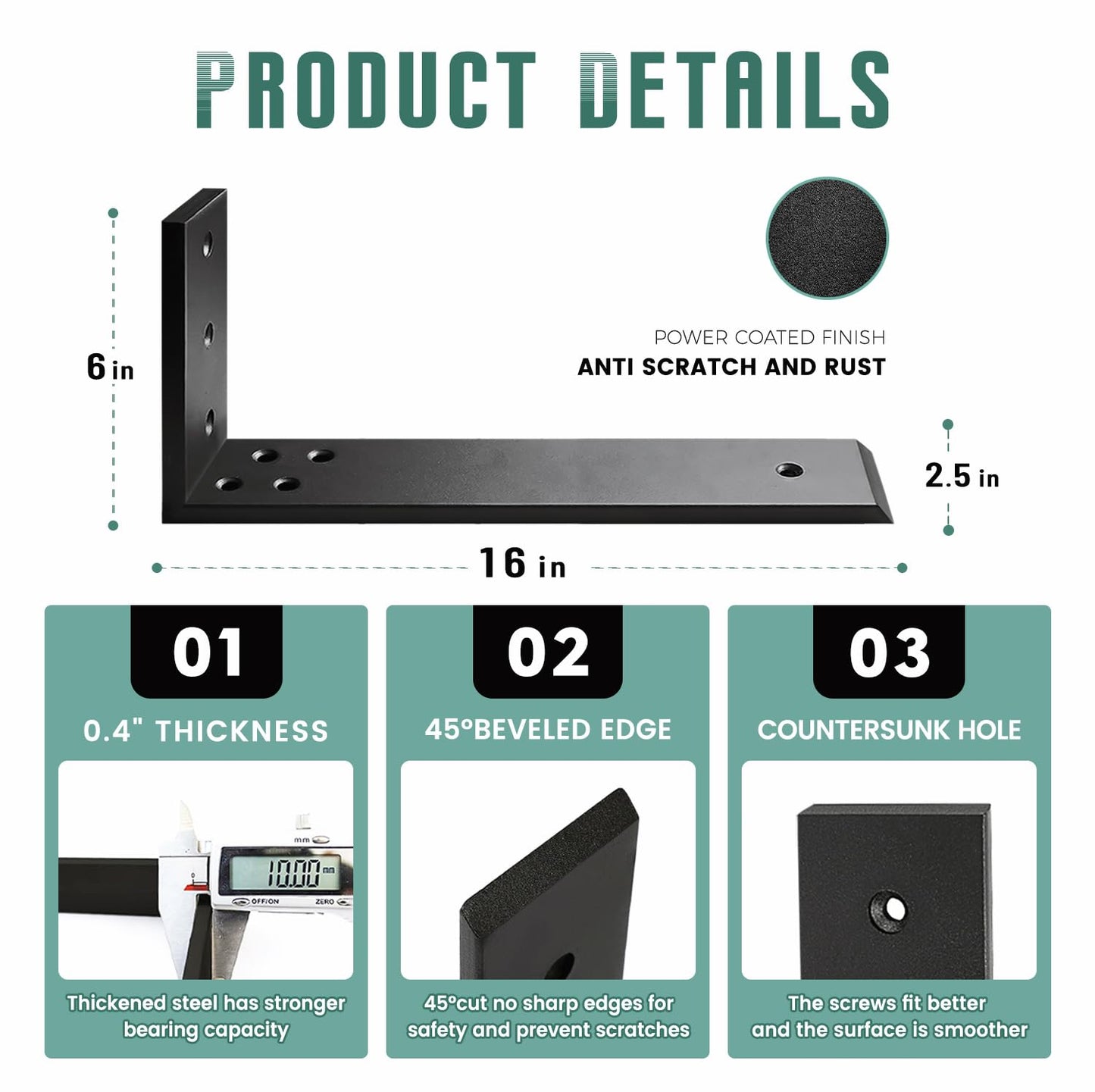 Countertop Support Brackets 4 Pack L Bracket Countertop Brackets 16" x 6" x 2.5" Heavy Duty 3/8" Thick Shelf Brackets Metal Corbels L Shape Bracket for Wood Shelf/Quartz/Granite/Concret Countertops
